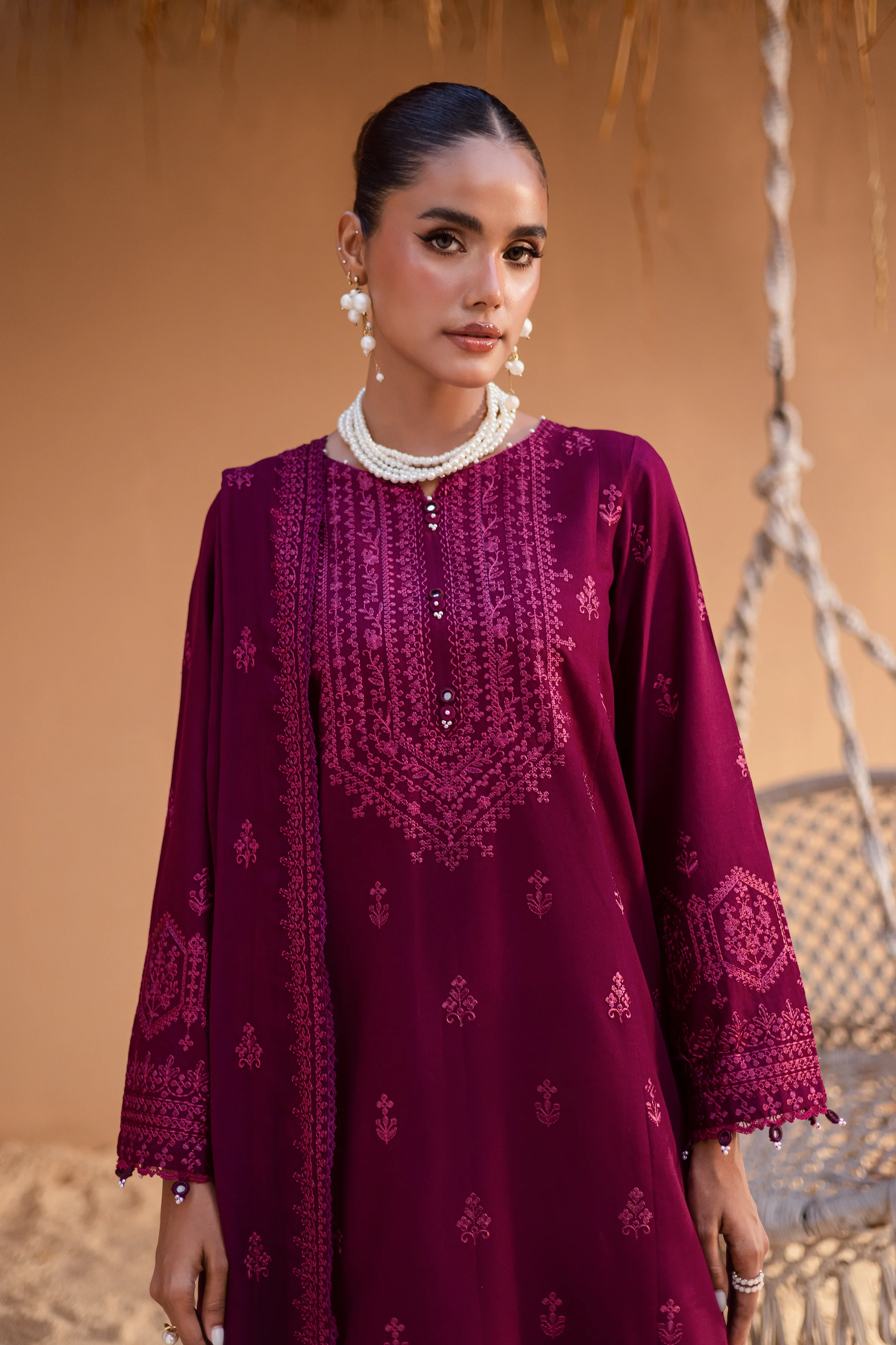 Maroon Henna 3Pc - Embroidered Khaddar Dress - Image 3