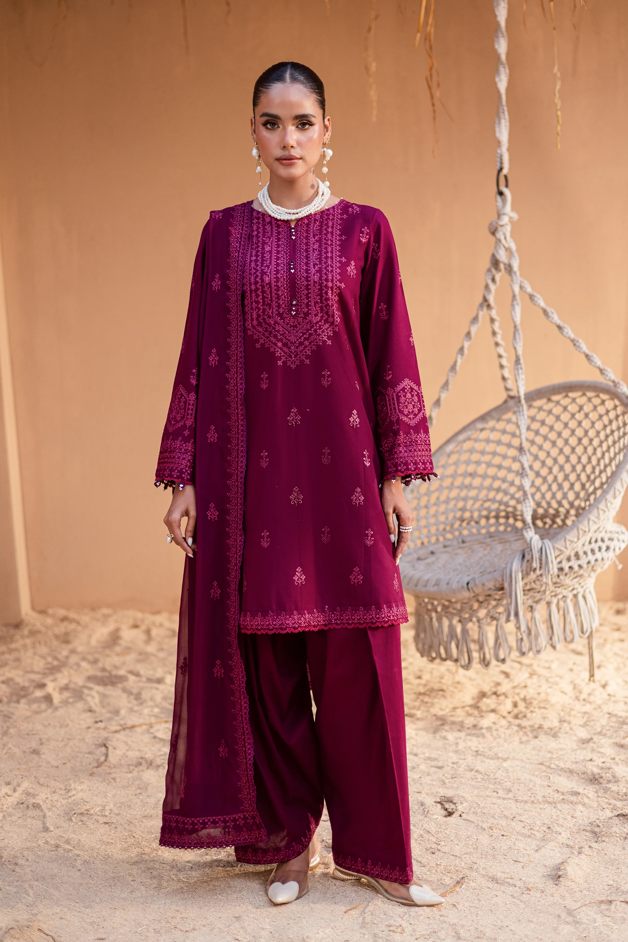 Maroon Henna 3Pc - Embroidered Khaddar Dress - Image 4