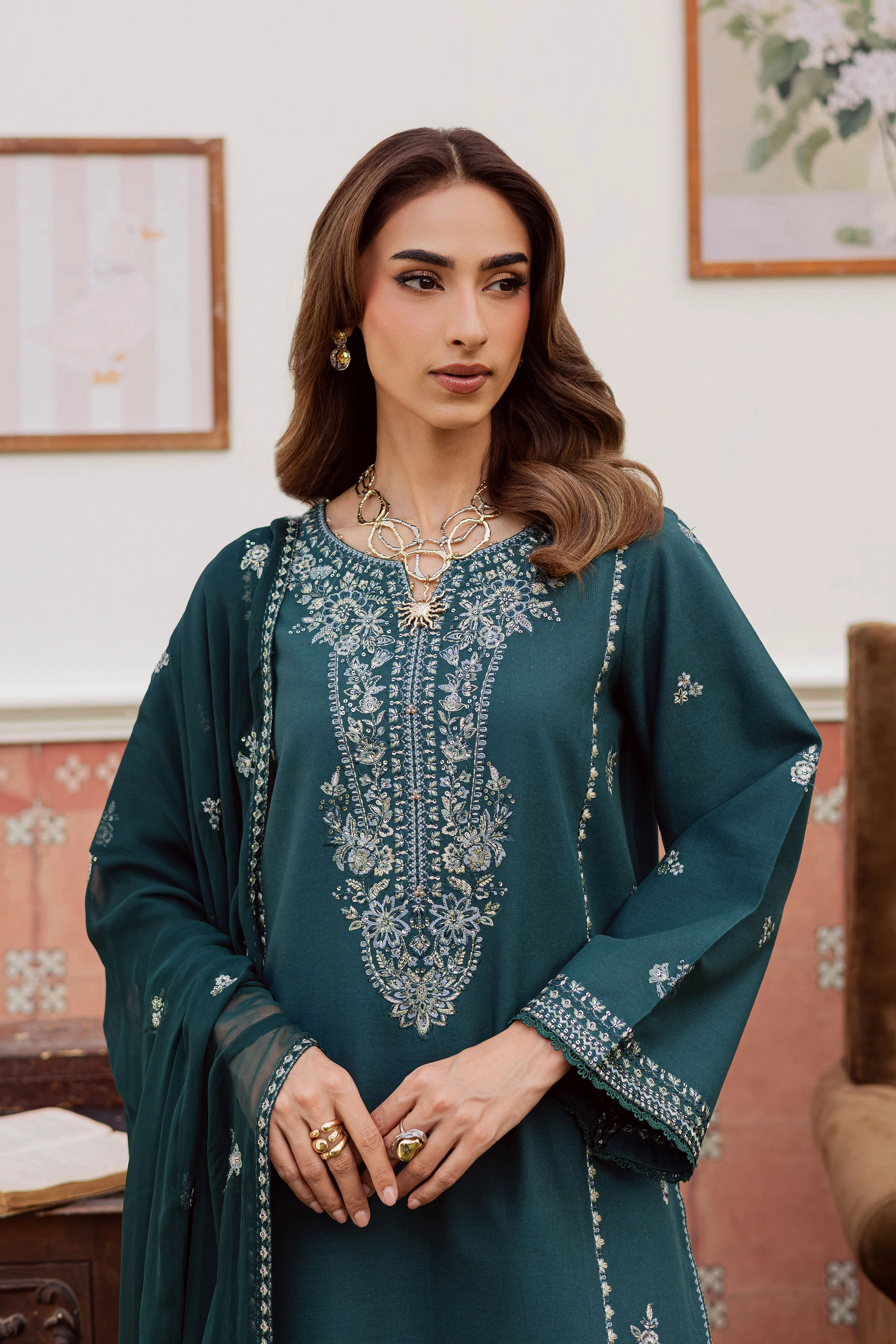 Minhal 3Pc - Embroidered Khaddar Dress - Image 2