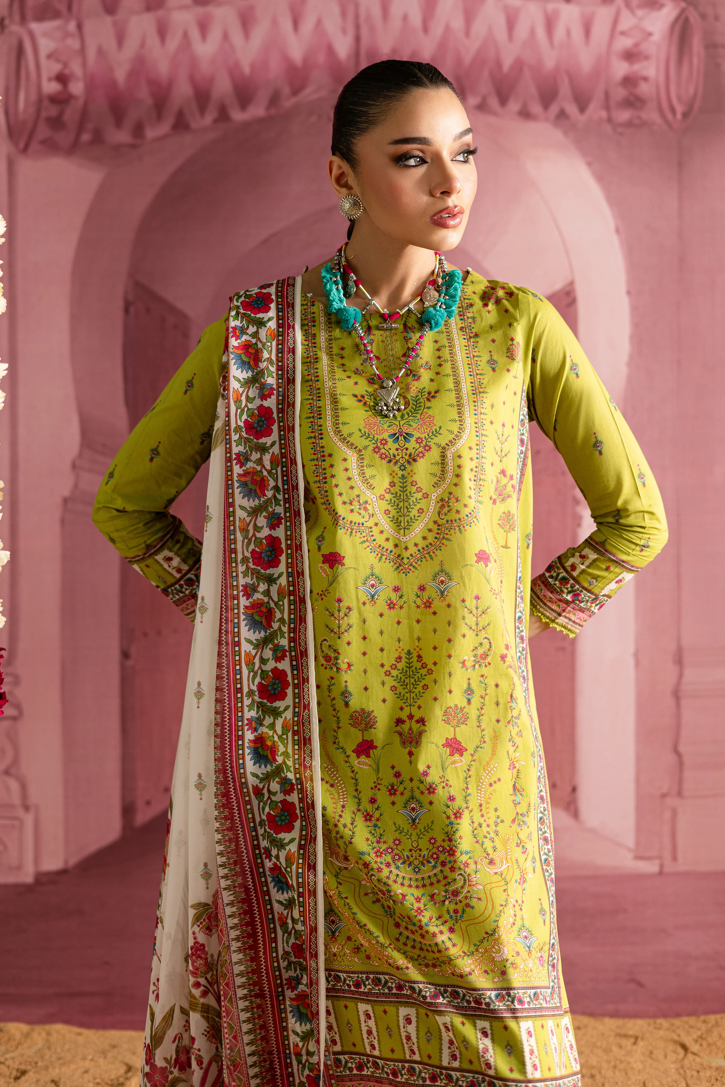 Moss 3Pc- Printed Lawn Dress With Farshi Shalwar - Image 3