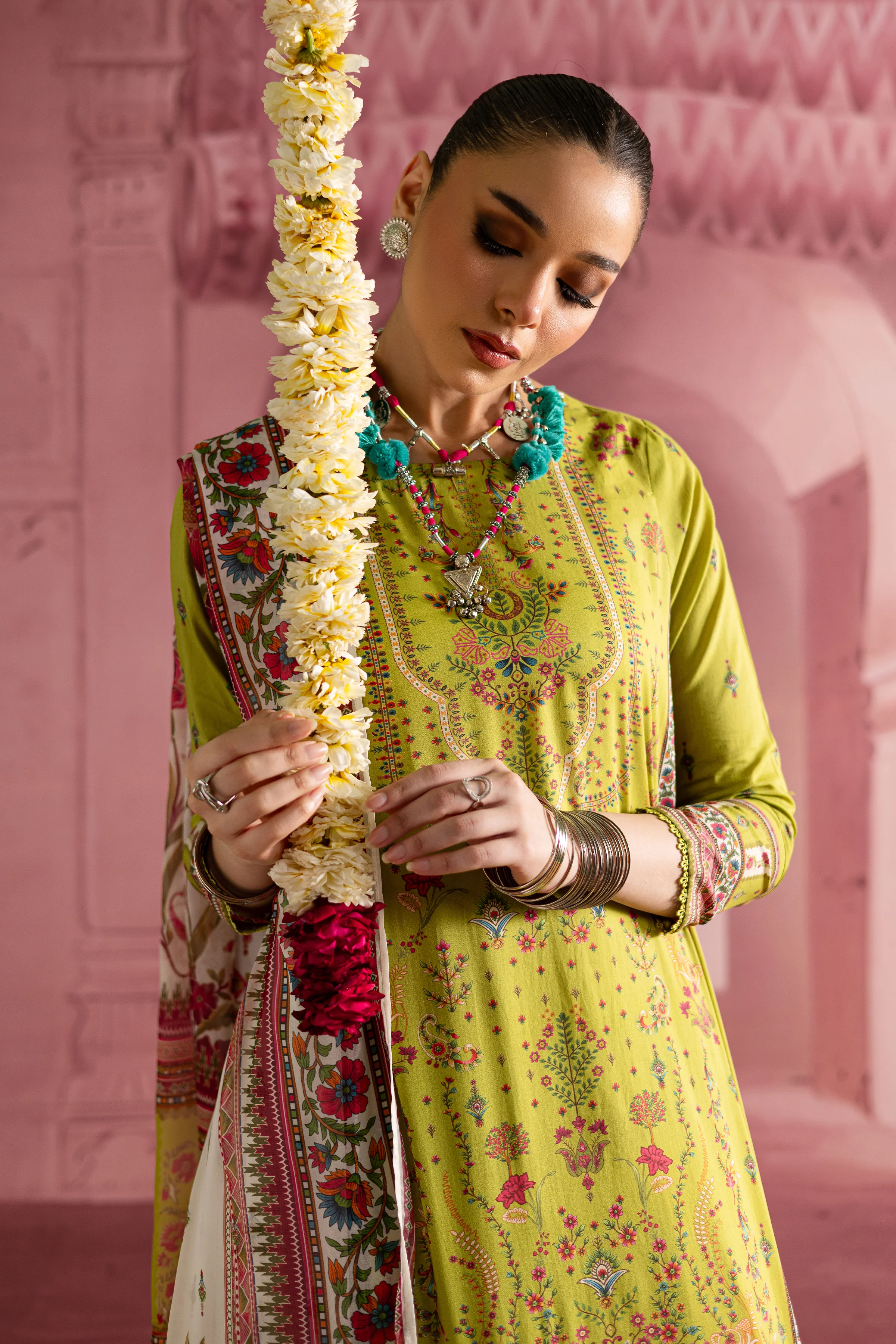 Moss 3Pc- Printed Lawn Dress With Farshi Shalwar - Image 4