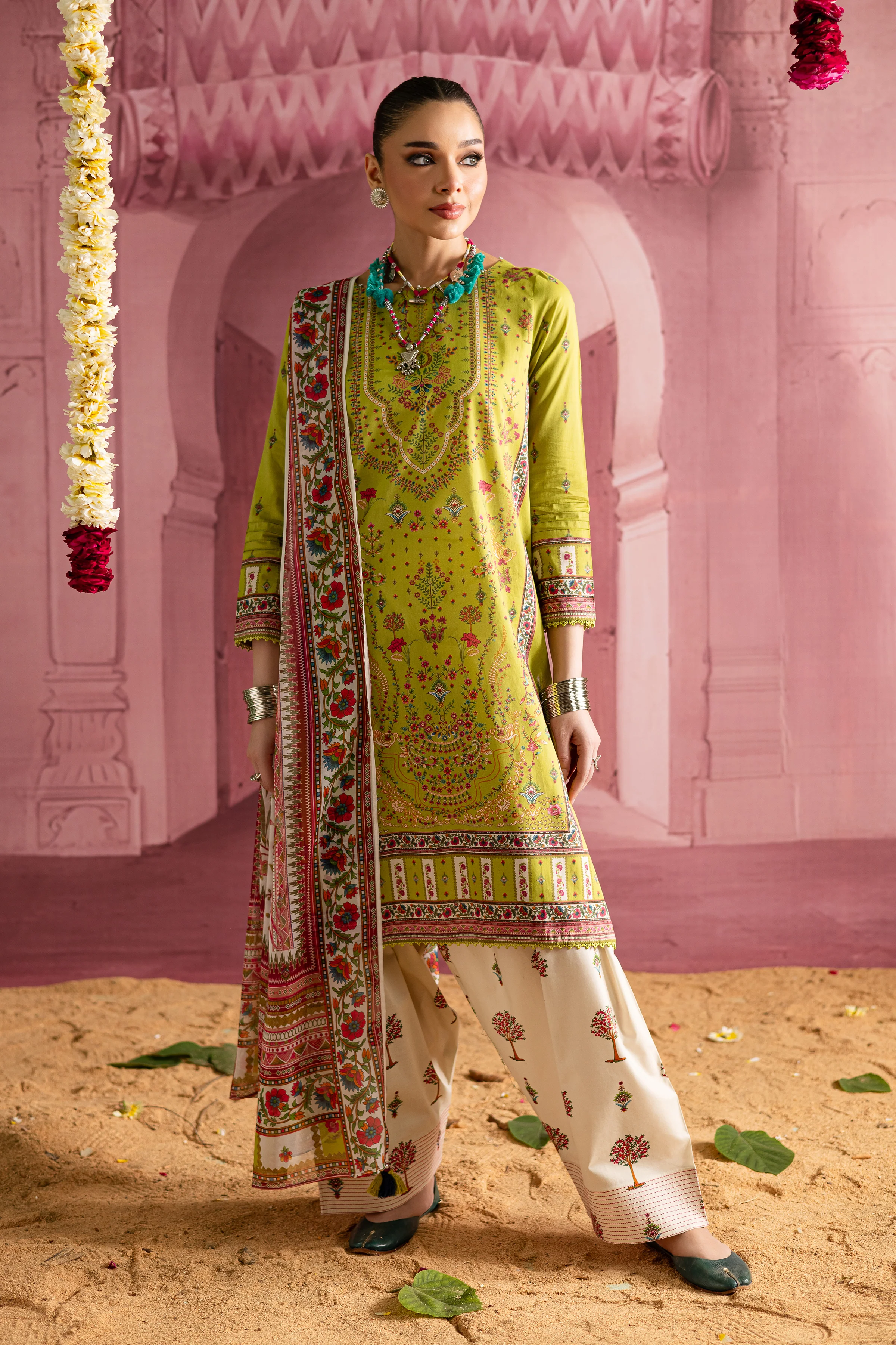 Moss 3Pc- Printed Lawn Dress With Farshi Shalwar - Image 5