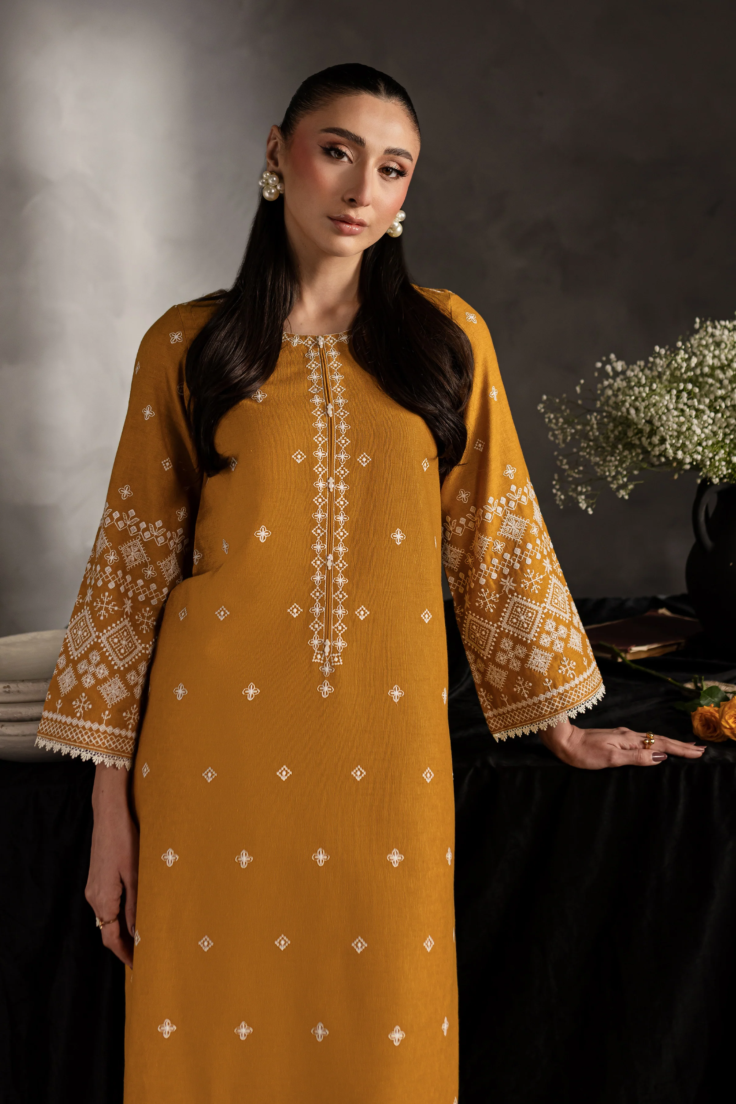 Mustard Jasper 2Pc - Embroidered Karandi dress - Image 3