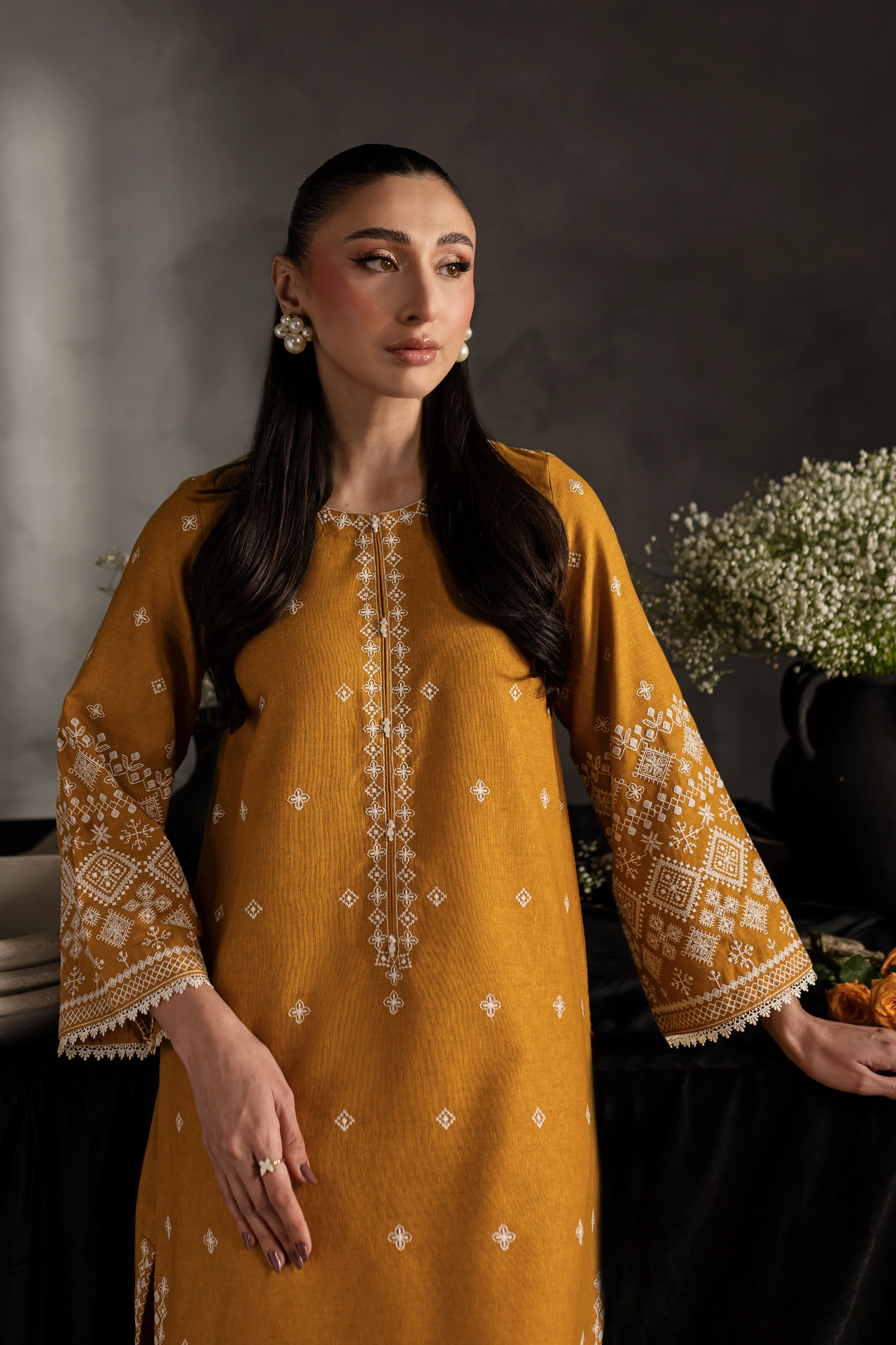 Mustard Jasper 2Pc - Embroidered Karandi dress - Image 6