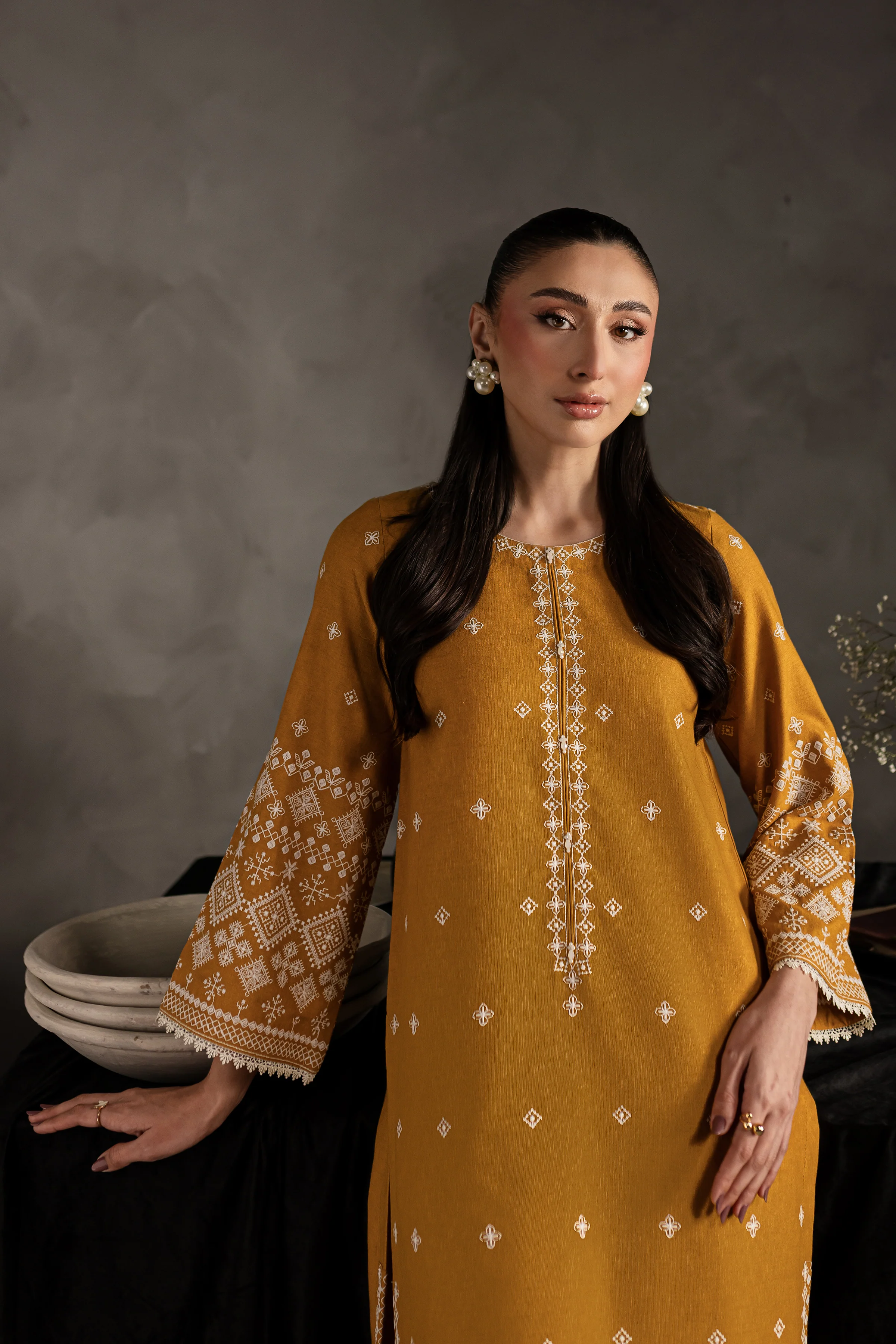 Mustard Jasper 2Pc - Embroidered Karandi dress - Image 7