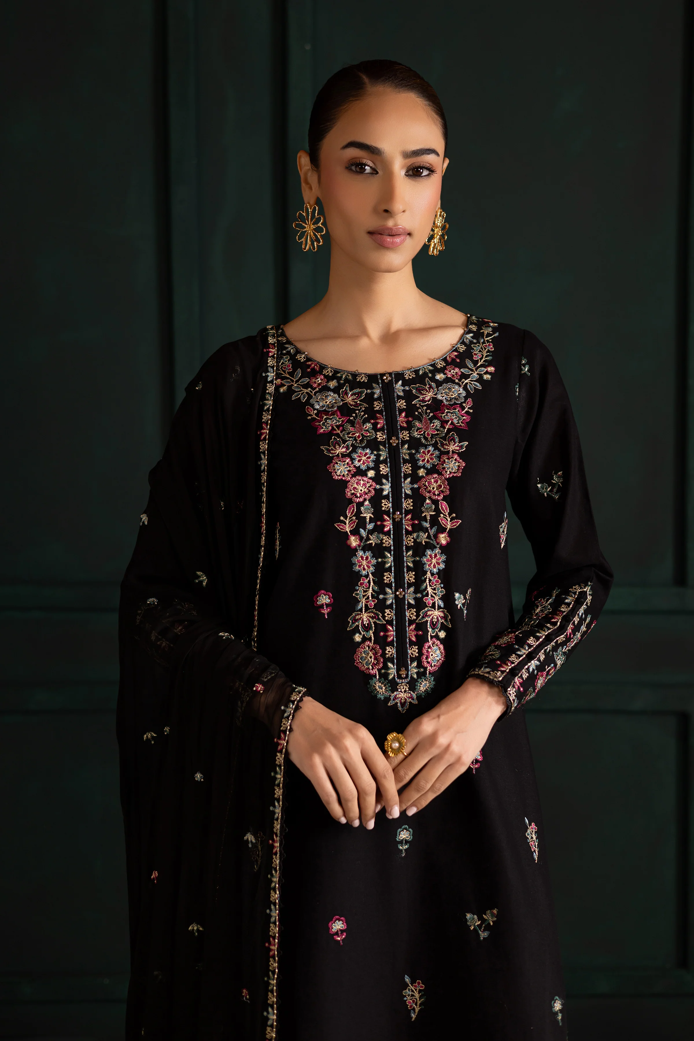 Night flower 3Pc - Embroidered Khaddar Dress - Image 2