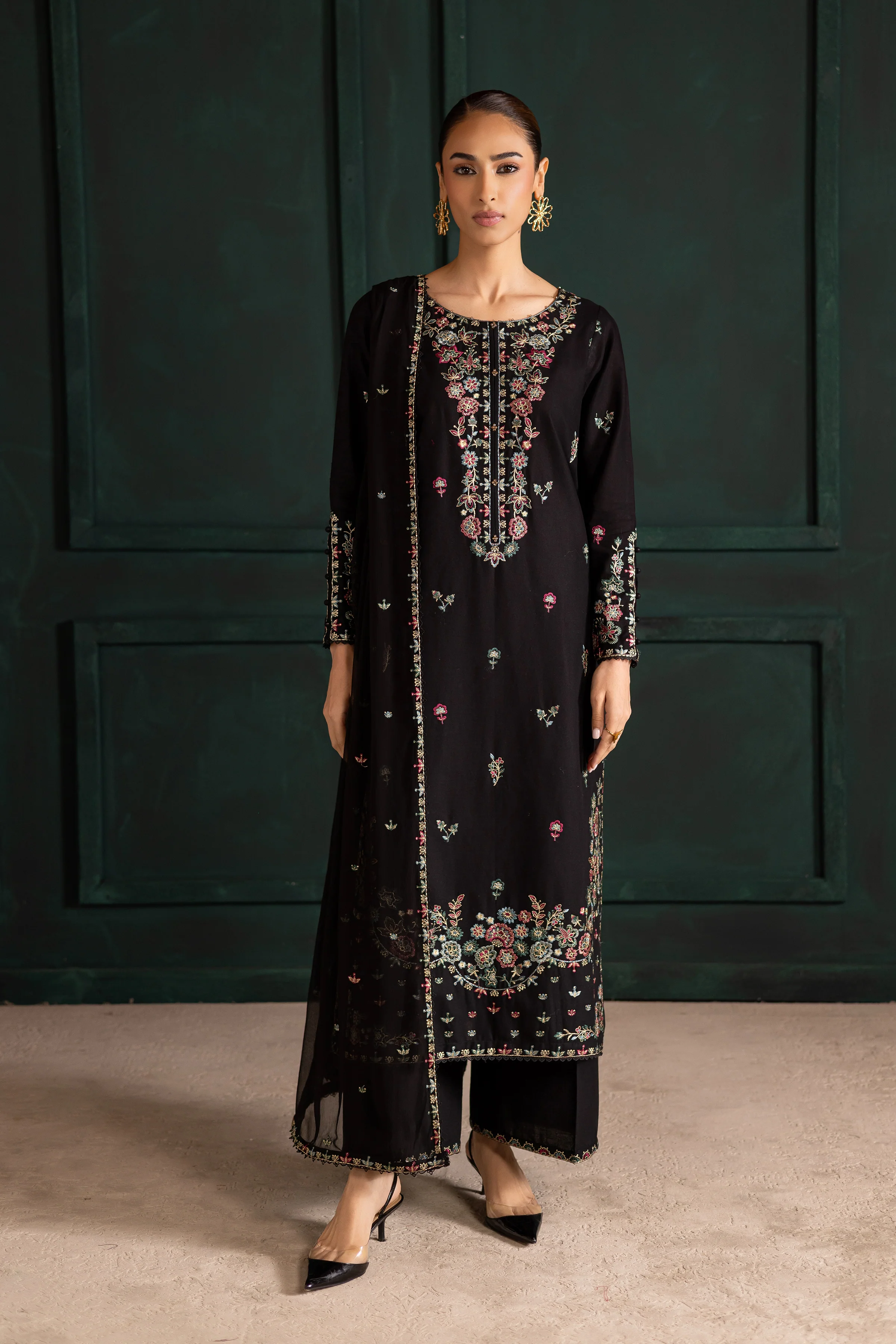 Night flower 3Pc - Embroidered Khaddar Dress - Image 4