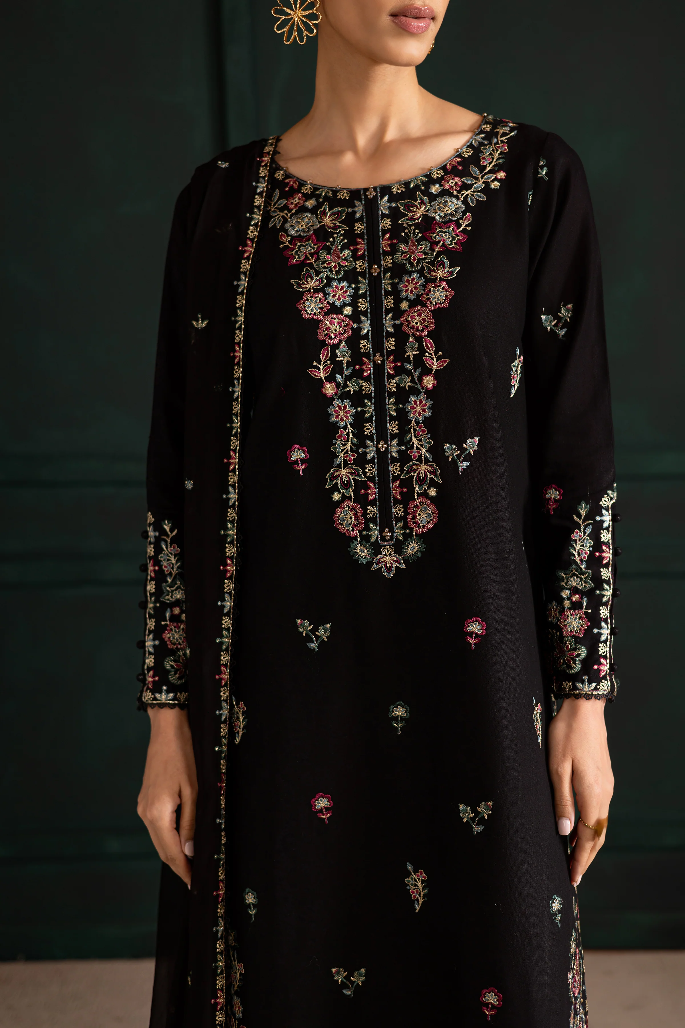 Night flower 3Pc - Embroidered Khaddar Dress - Image 6
