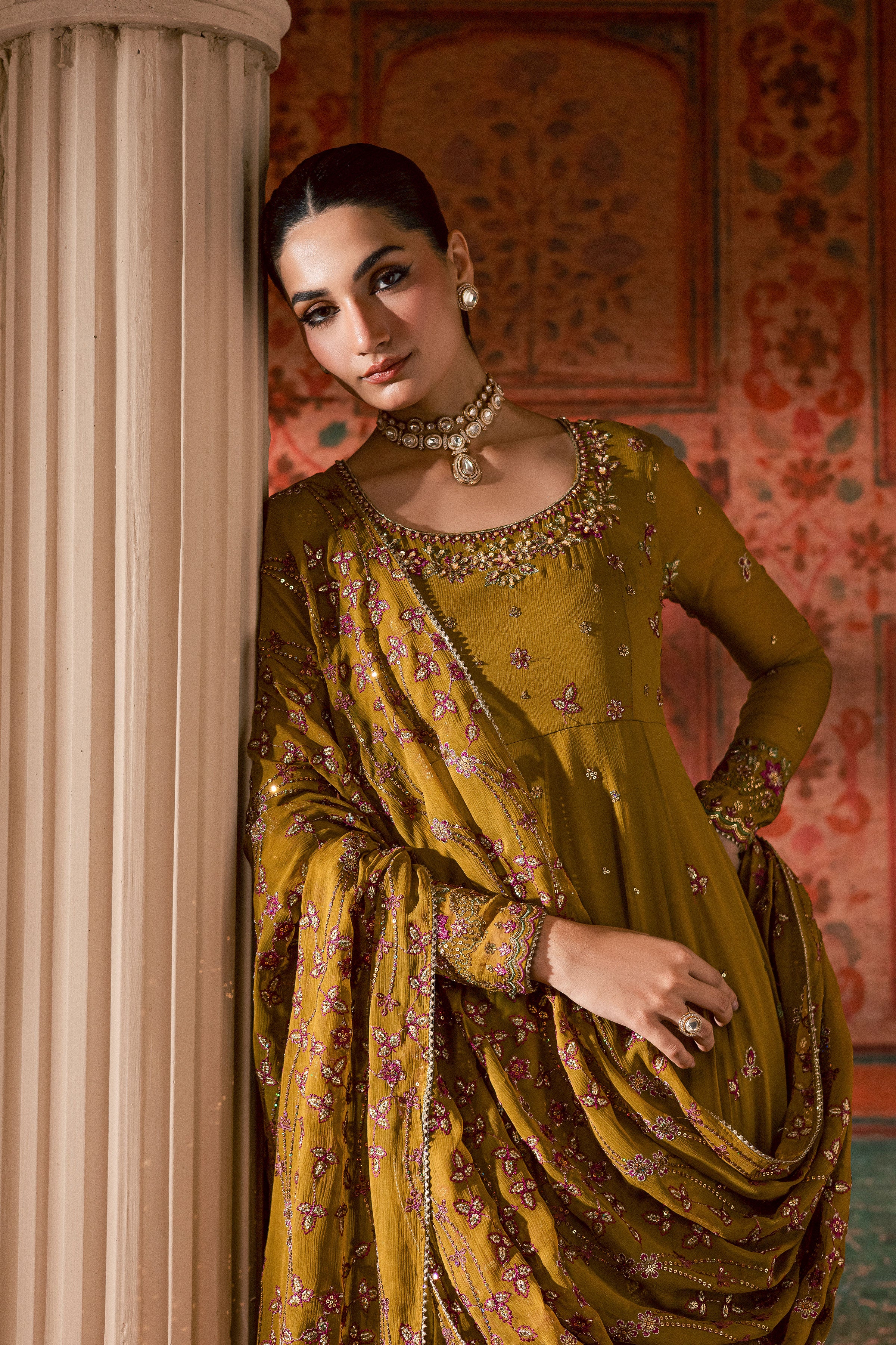 Ochre Elegance 3Pc - Chiffon Wedding Frock - Image 2