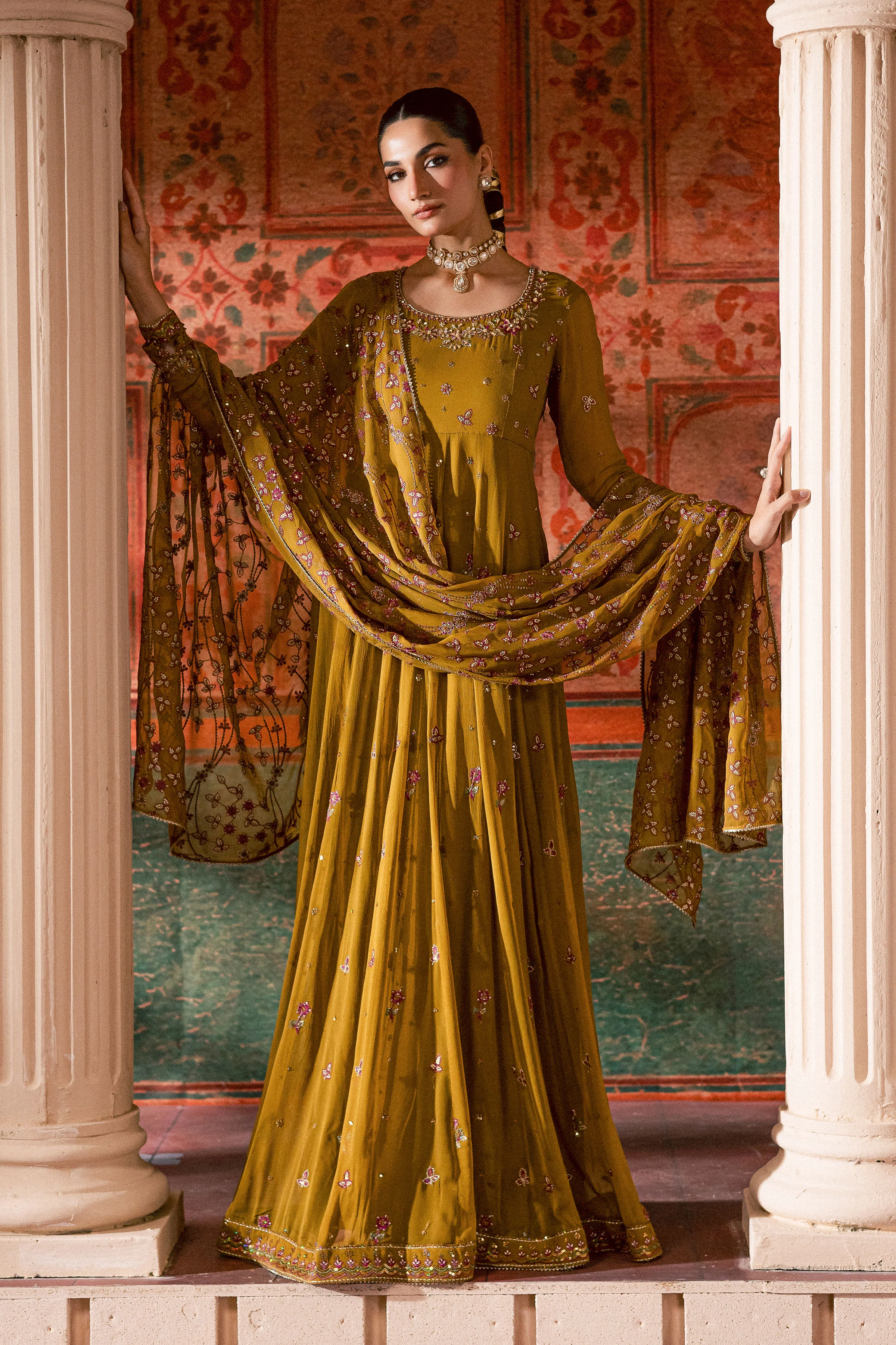 Ochre Elegance 3Pc - Chiffon Wedding Frock - Image 3