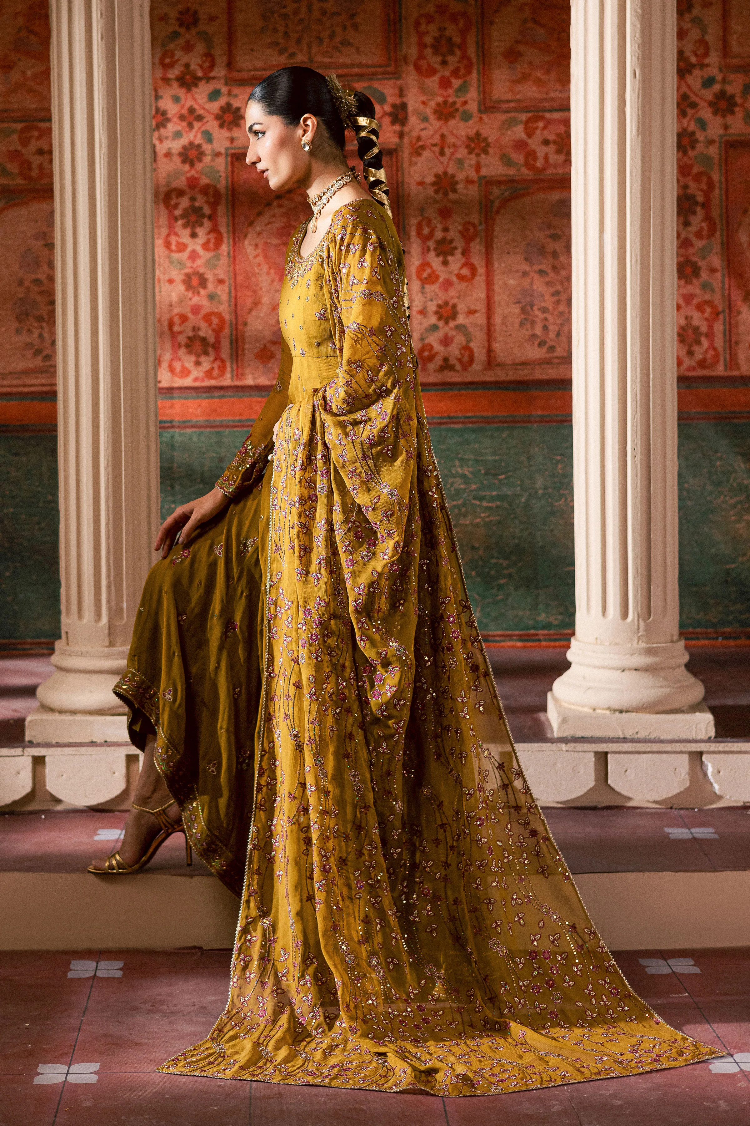 Ochre Elegance 3Pc - Chiffon Wedding Frock - Image 4
