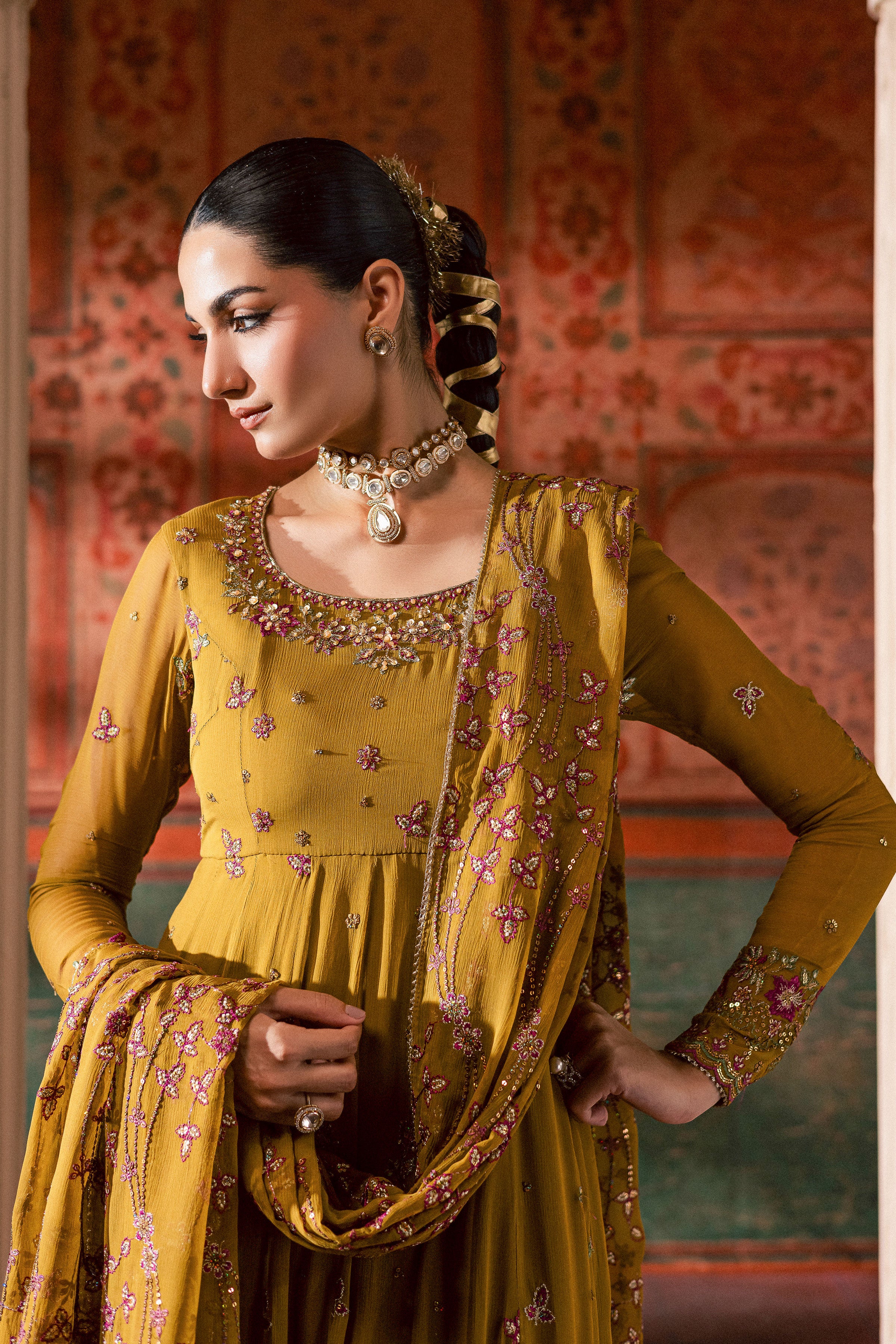 Ochre Elegance 3Pc - Chiffon Wedding Frock - Image 5