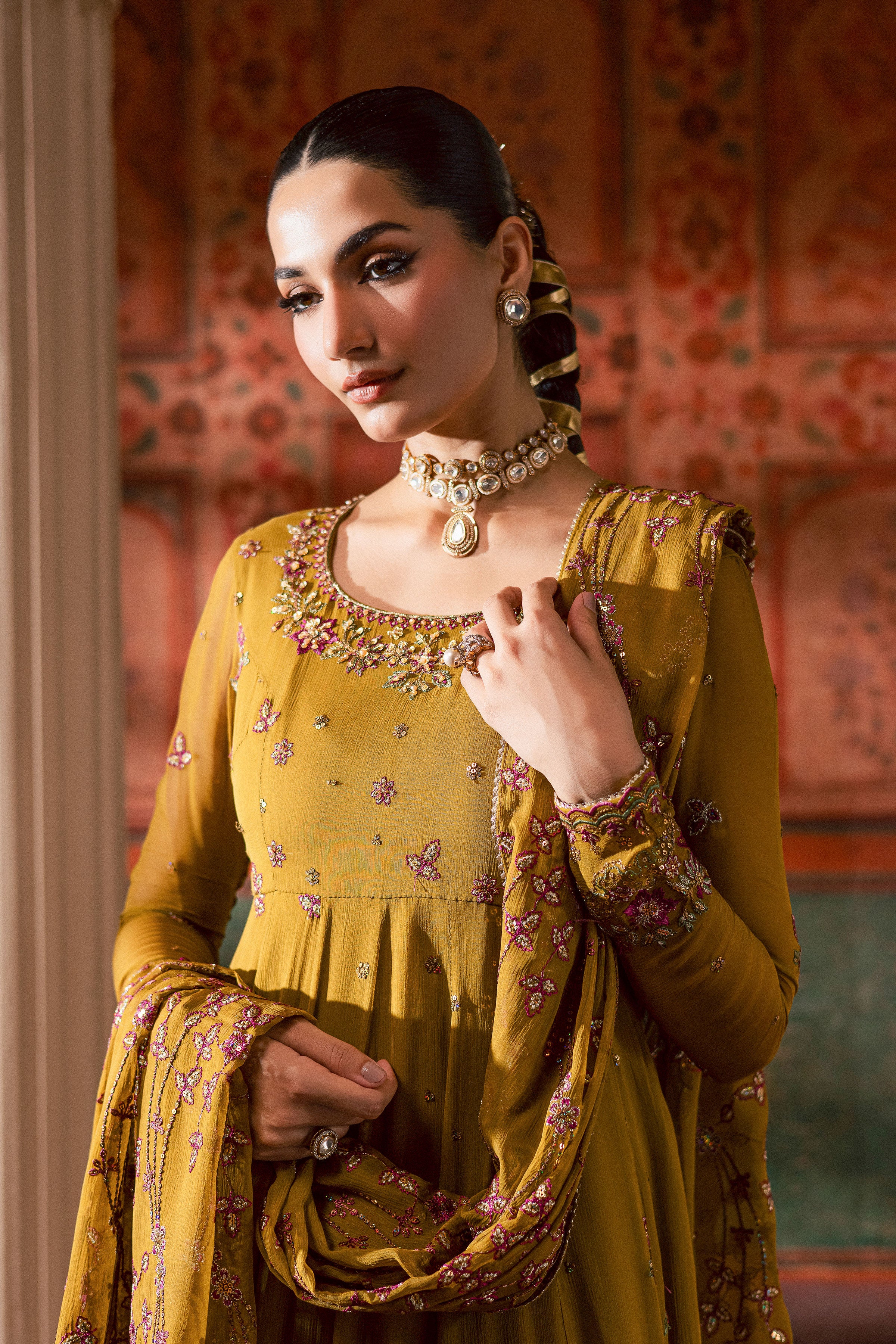 Ochre Elegance 3Pc - Chiffon Wedding Frock - Image 6