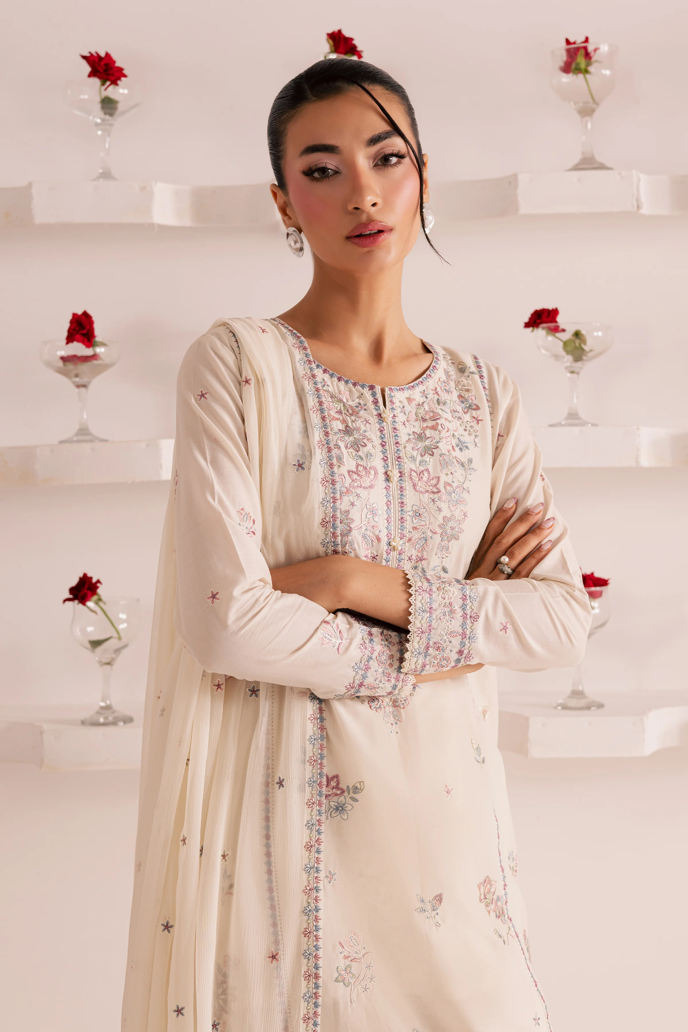 Off White Flower 3Pc - Embroidered Casual Pret - Image 2