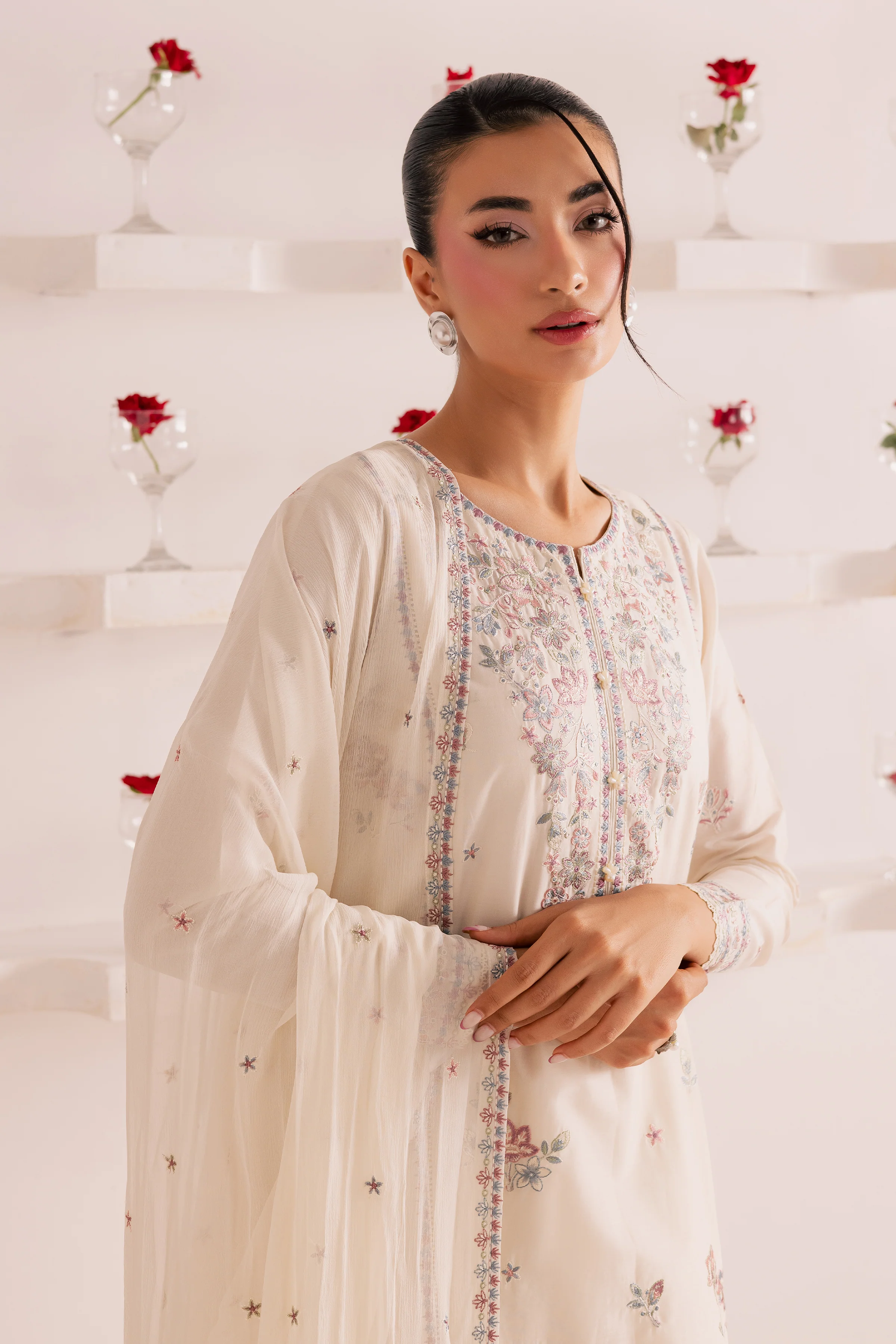 Off White Flower 3Pc - Embroidered Casual Pret - Image 3