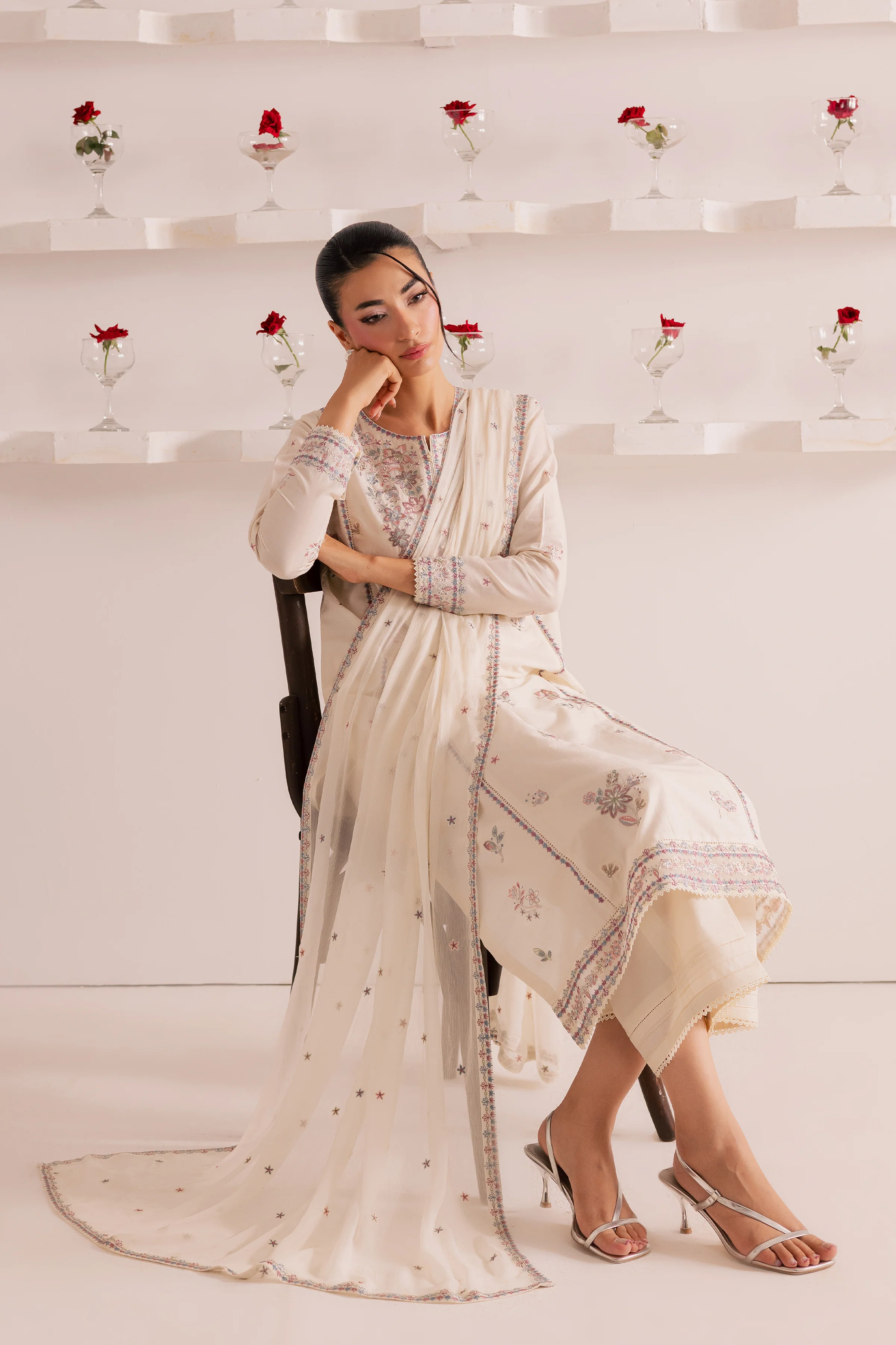 Off White Flower 3Pc - Embroidered Casual Pret - Image 4
