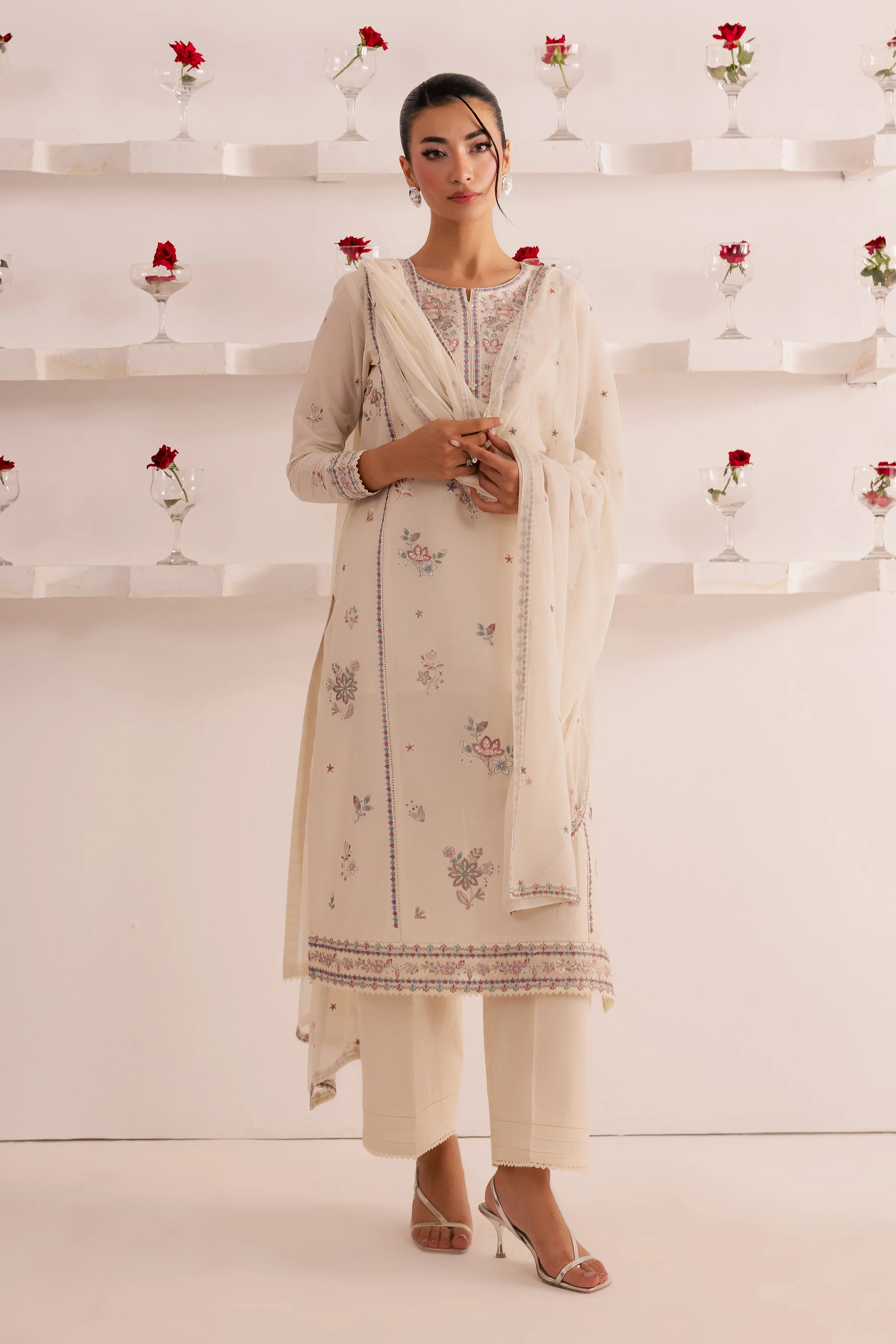 Off White Flower 3Pc - Embroidered Casual Pret - Image 5