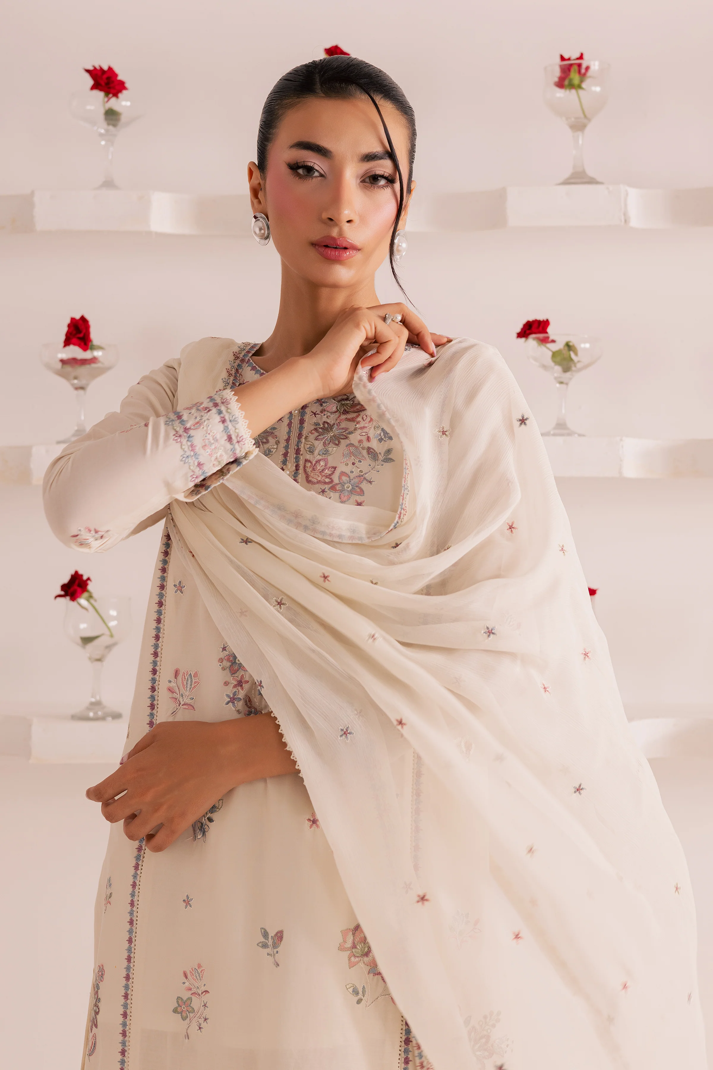 Off White Flower 3Pc - Embroidered Casual Pret - Image 6