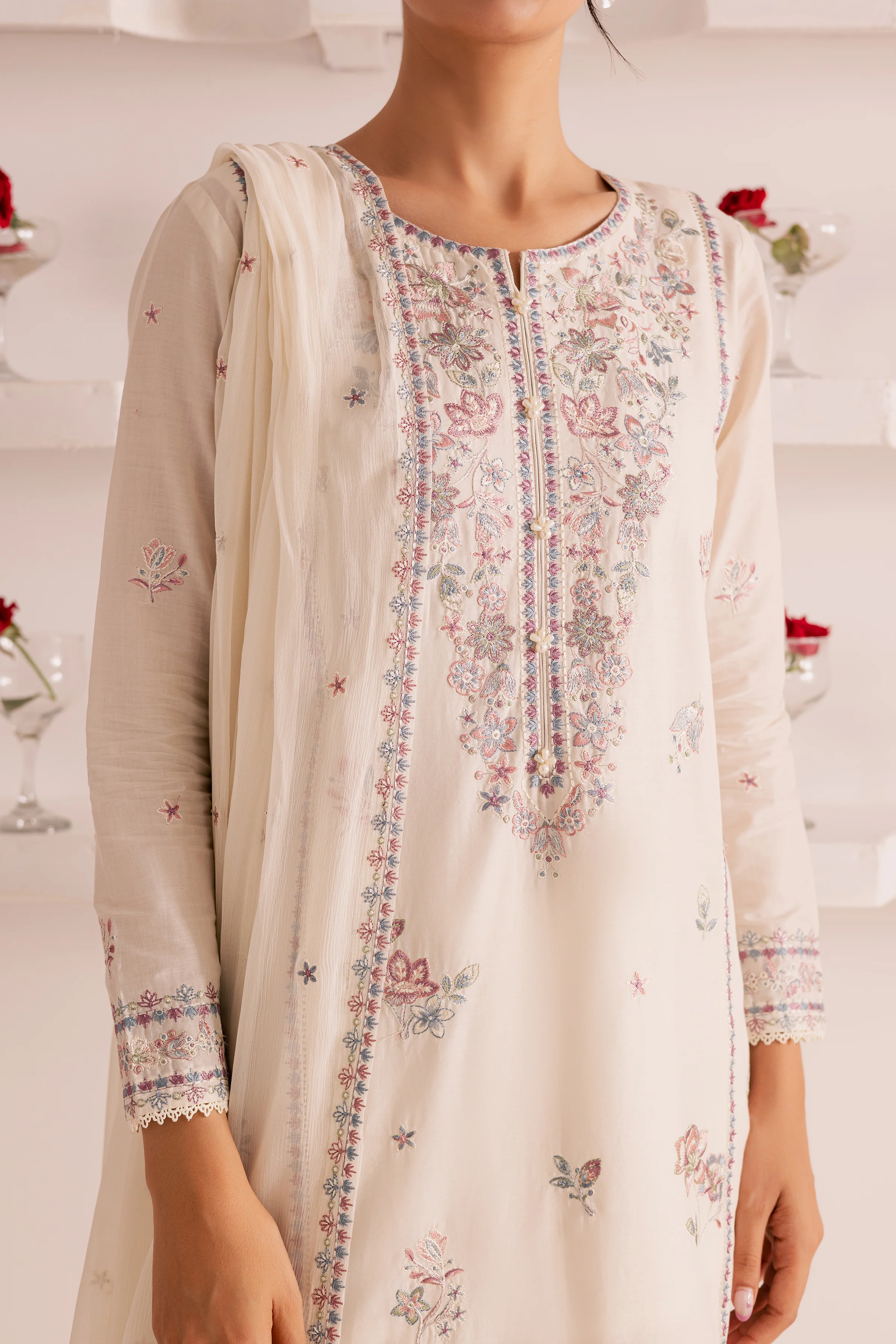 Off White Flower 3Pc - Embroidered Casual Pret - Image 7