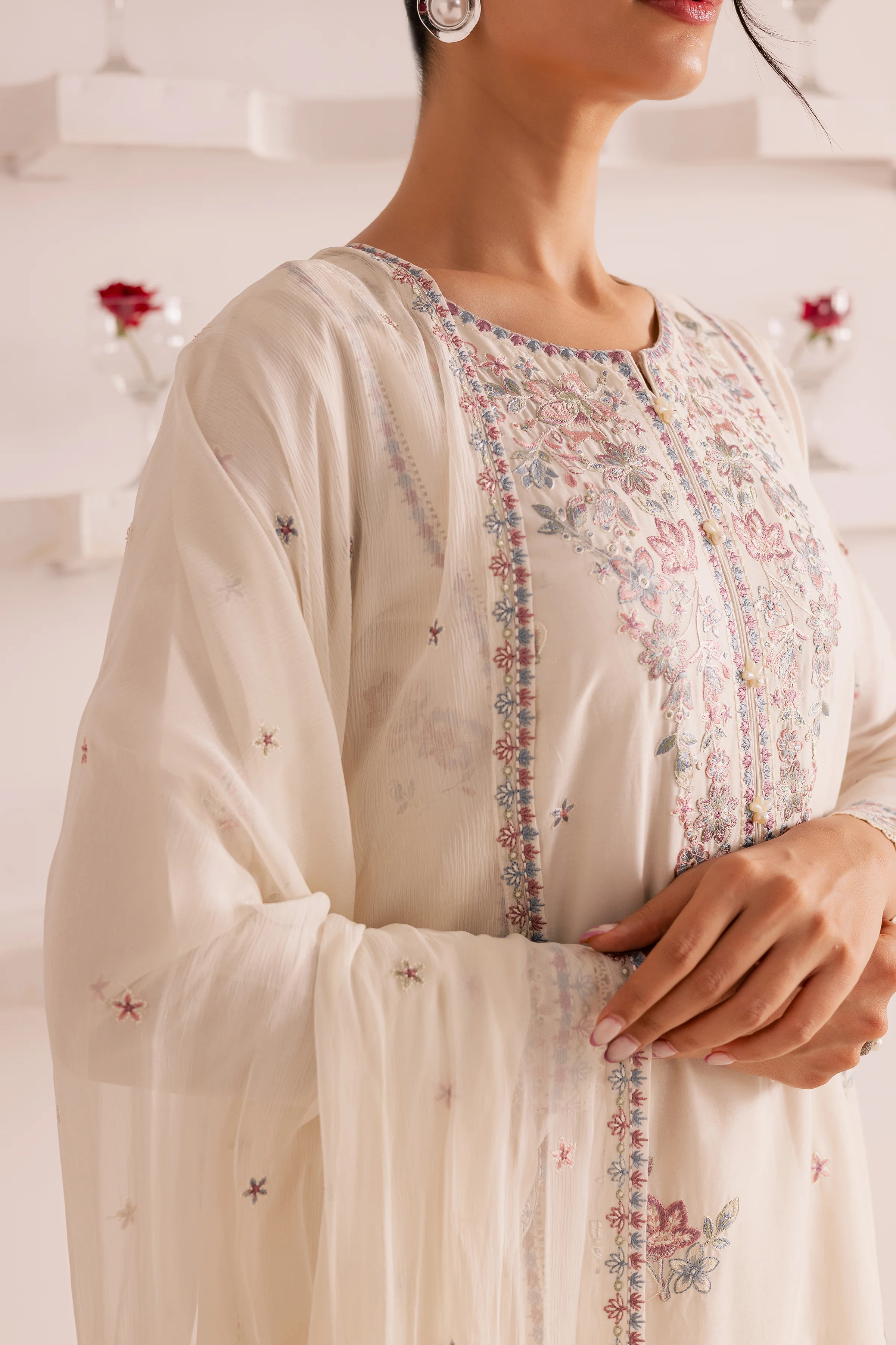 Off White Flower 3Pc - Embroidered Casual Pret - Image 8