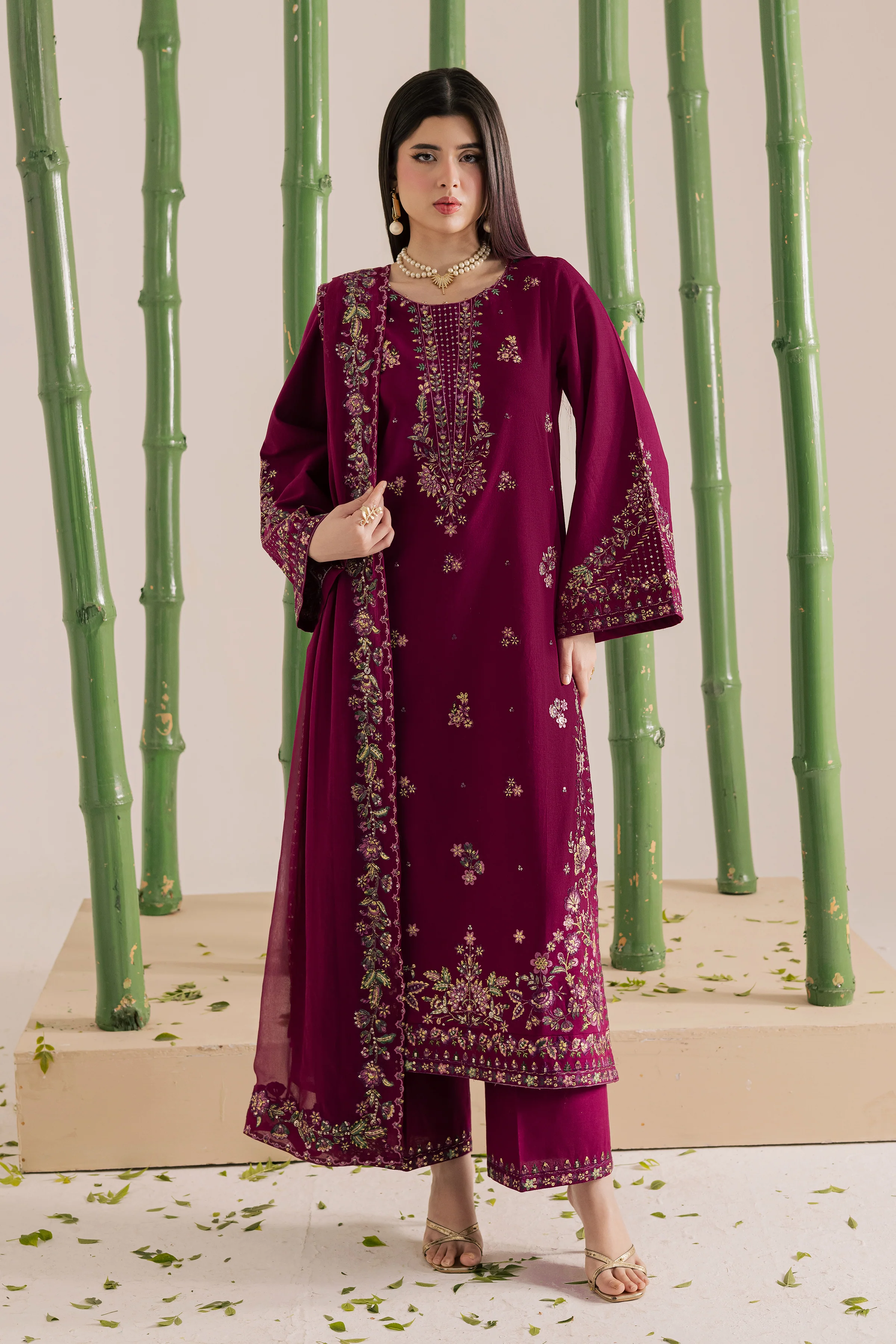 Omavi 3Pc - Embroidered Khaddar Dress