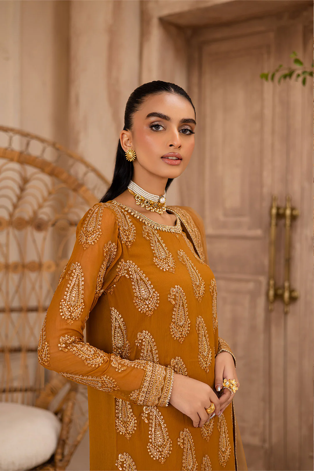 Paisley Mustard 3Pc - Embroidered Luxe Pret - Image 3