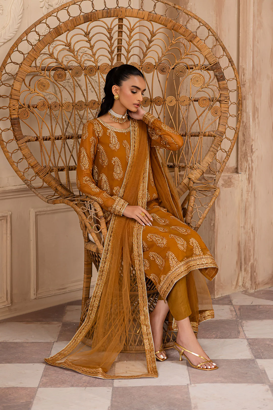 Paisley Mustard 3Pc - Embroidered Luxe Pret - Image 4
