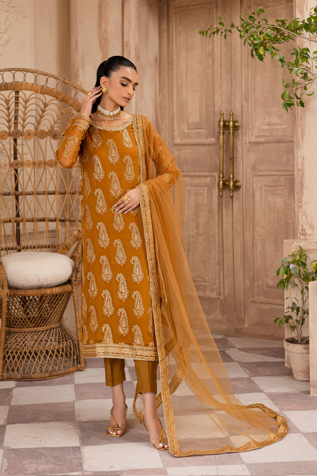 Paisley Mustard 3Pc - Embroidered Luxe Pret - Image 5