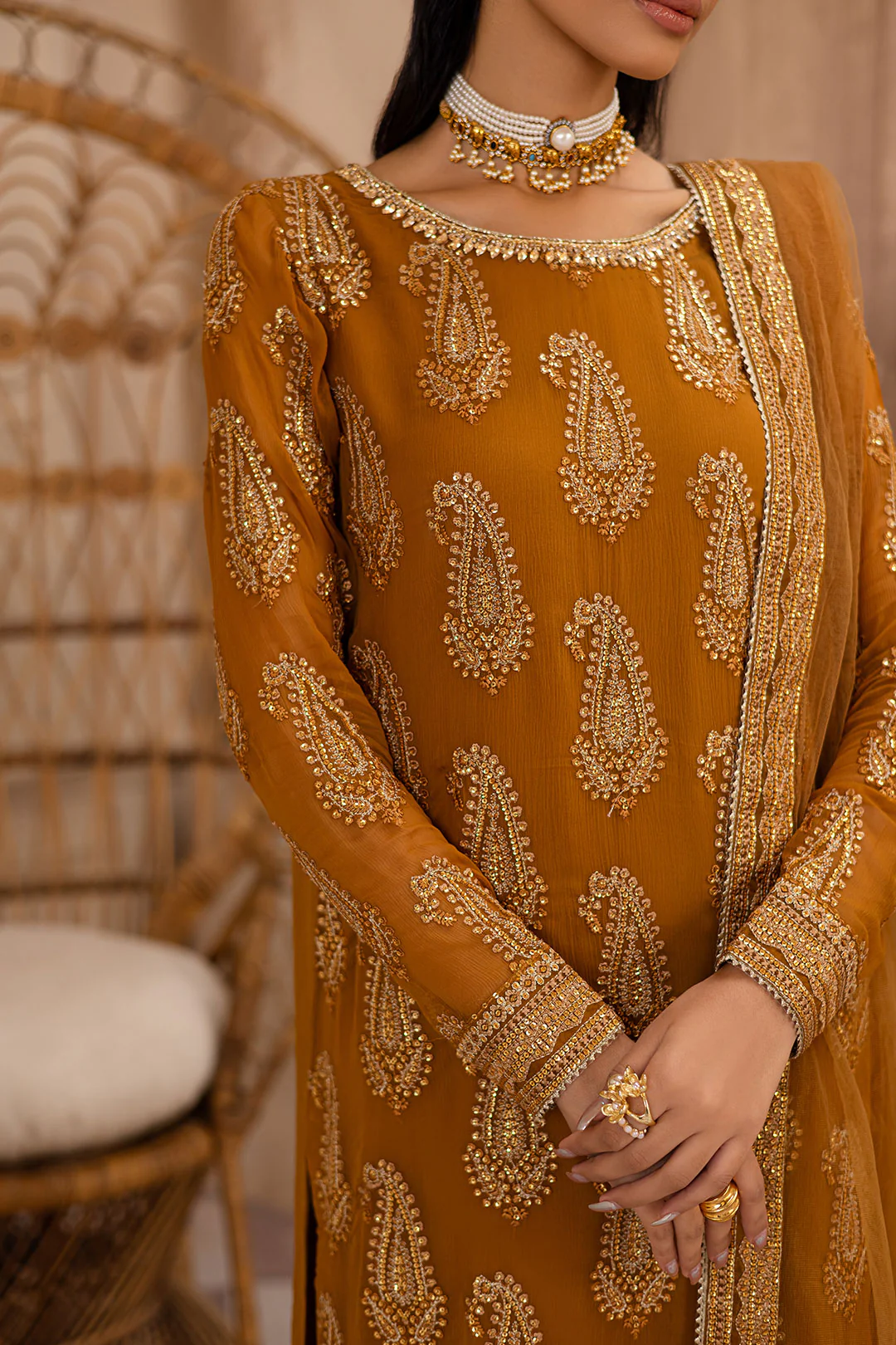 Paisley Mustard 3Pc - Embroidered Luxe Pret - Image 8
