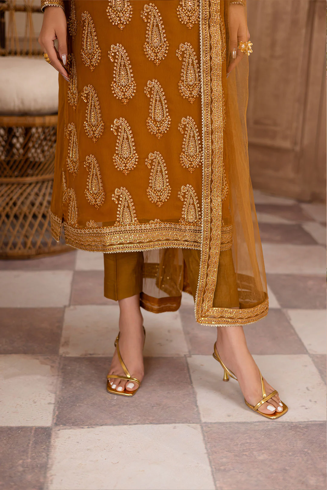 Paisley Mustard 3Pc - Embroidered Luxe Pret - Image 9