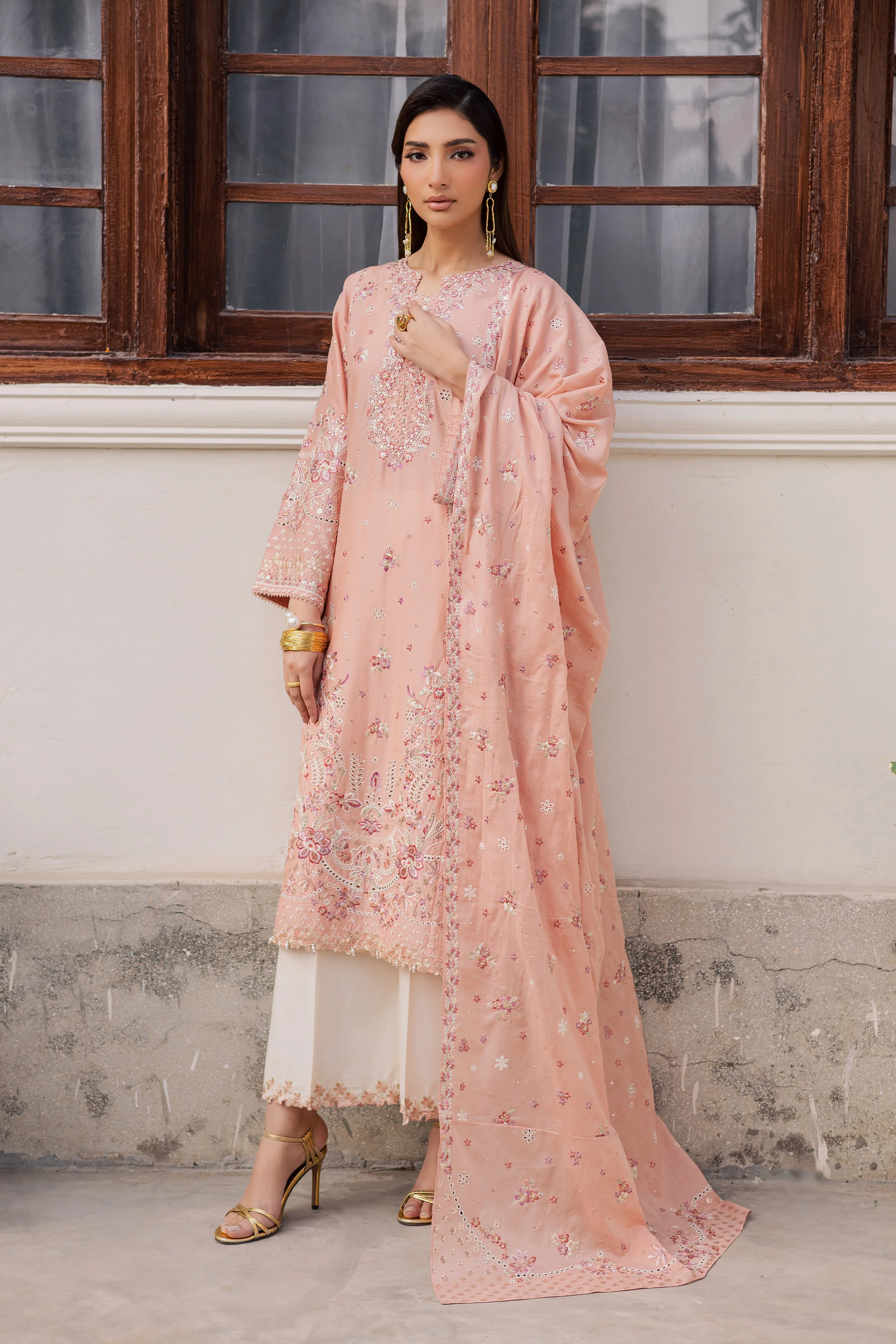 Peach Line 3Pc - Festive Embroidered Lawn