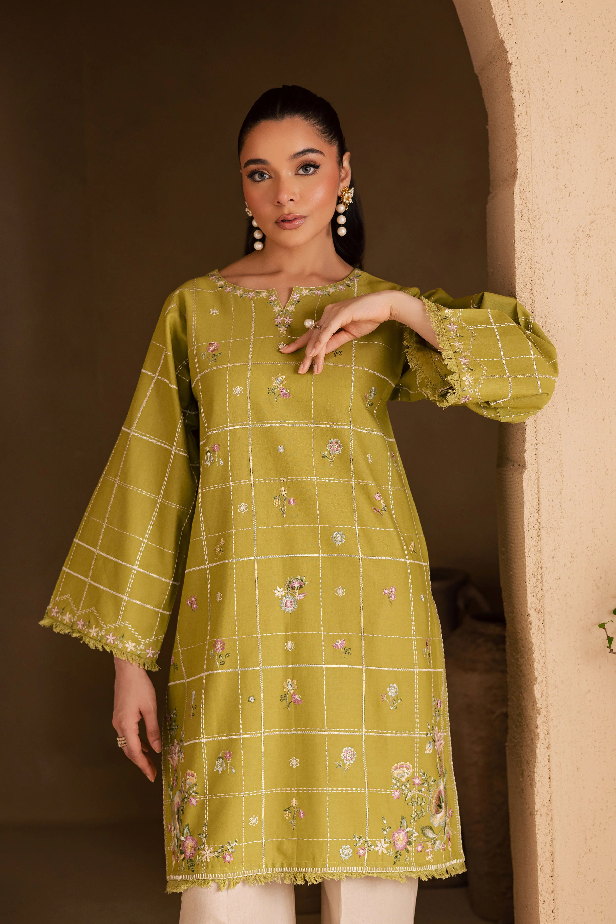 Pear Green 2Pc - Embroidered Khaddar Dress - Image 2