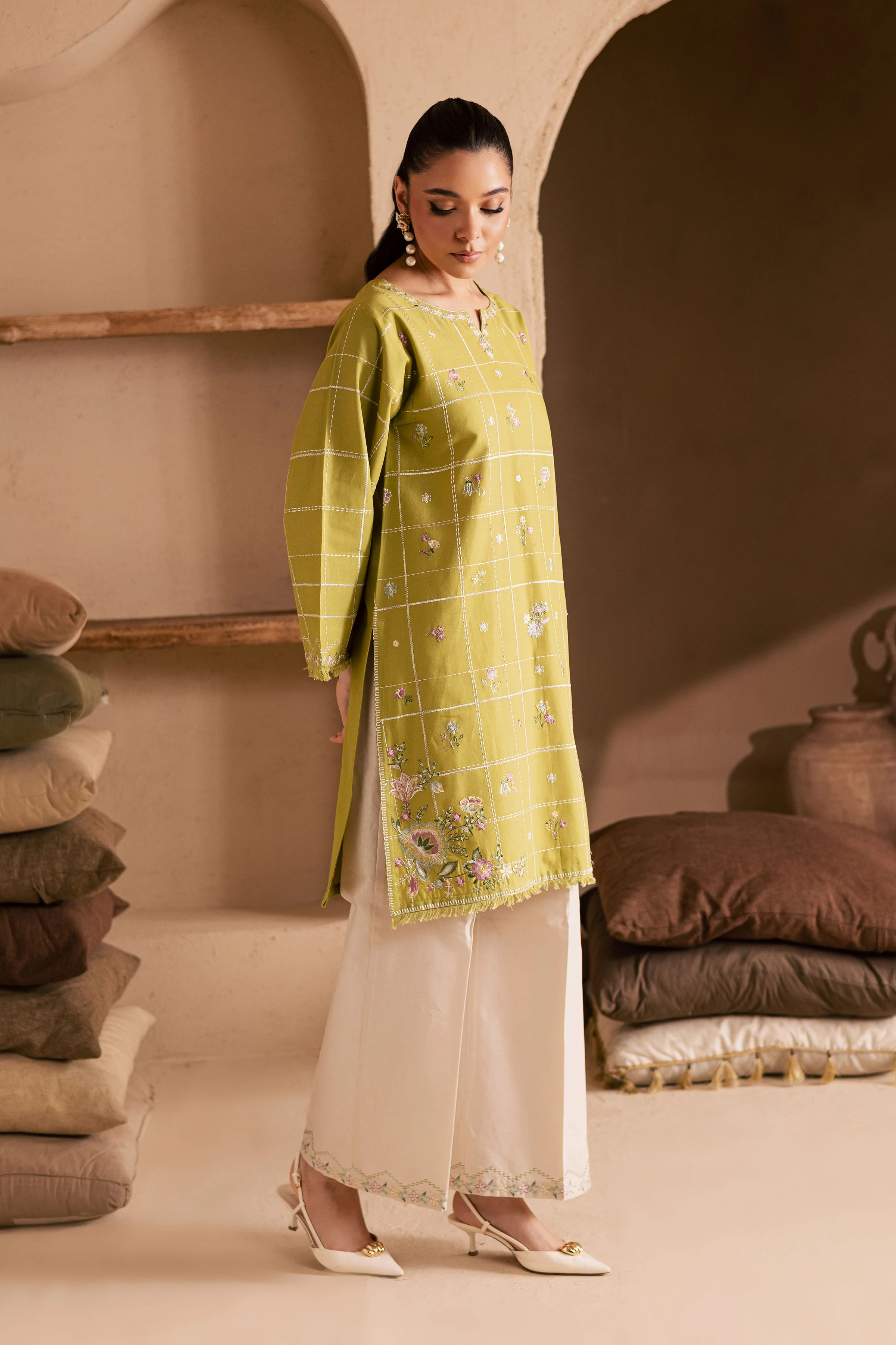 Pear Green 2Pc - Embroidered Khaddar Dress - Image 3