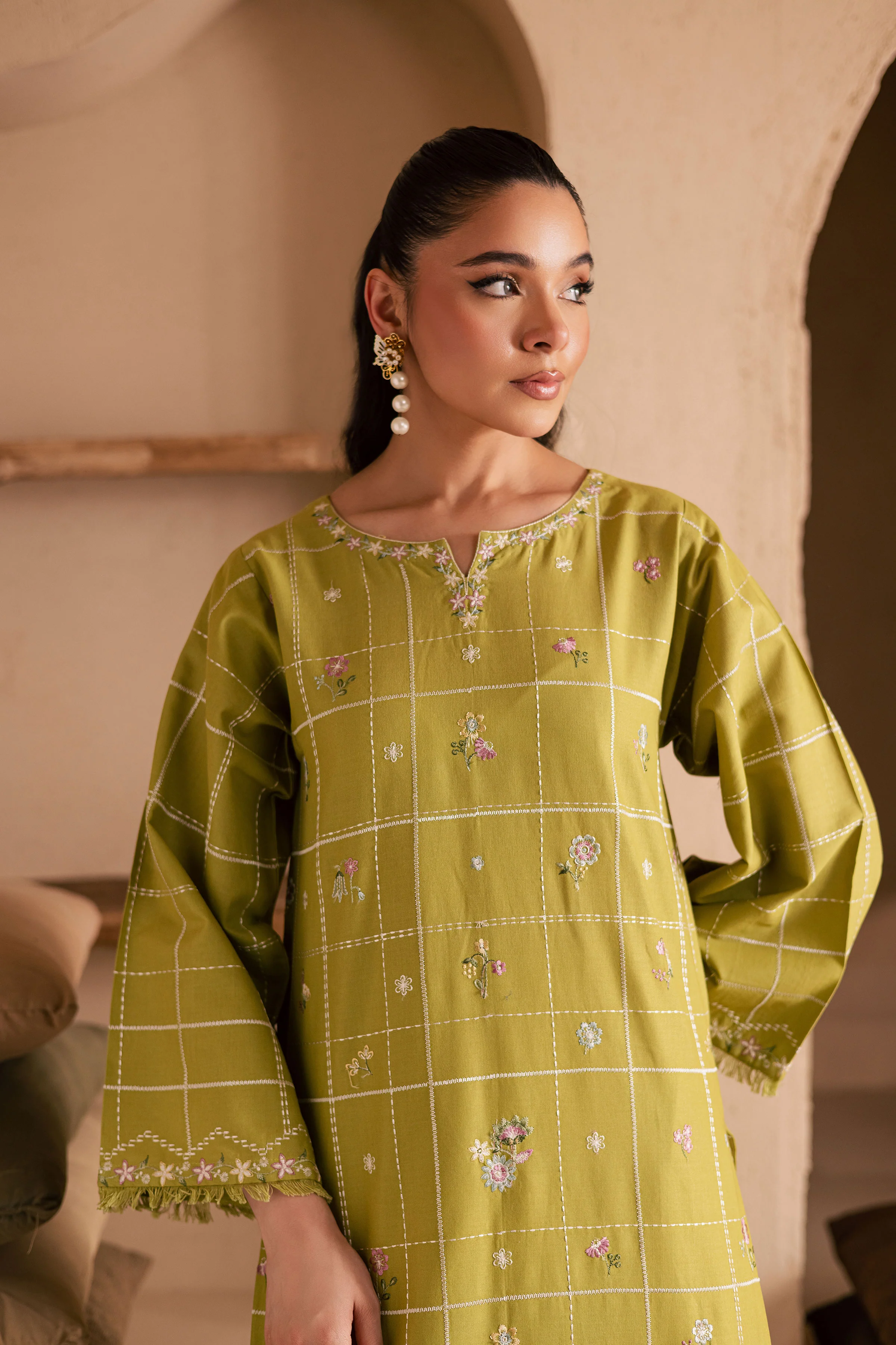 Pear Green 2Pc - Embroidered Khaddar Dress - Image 4
