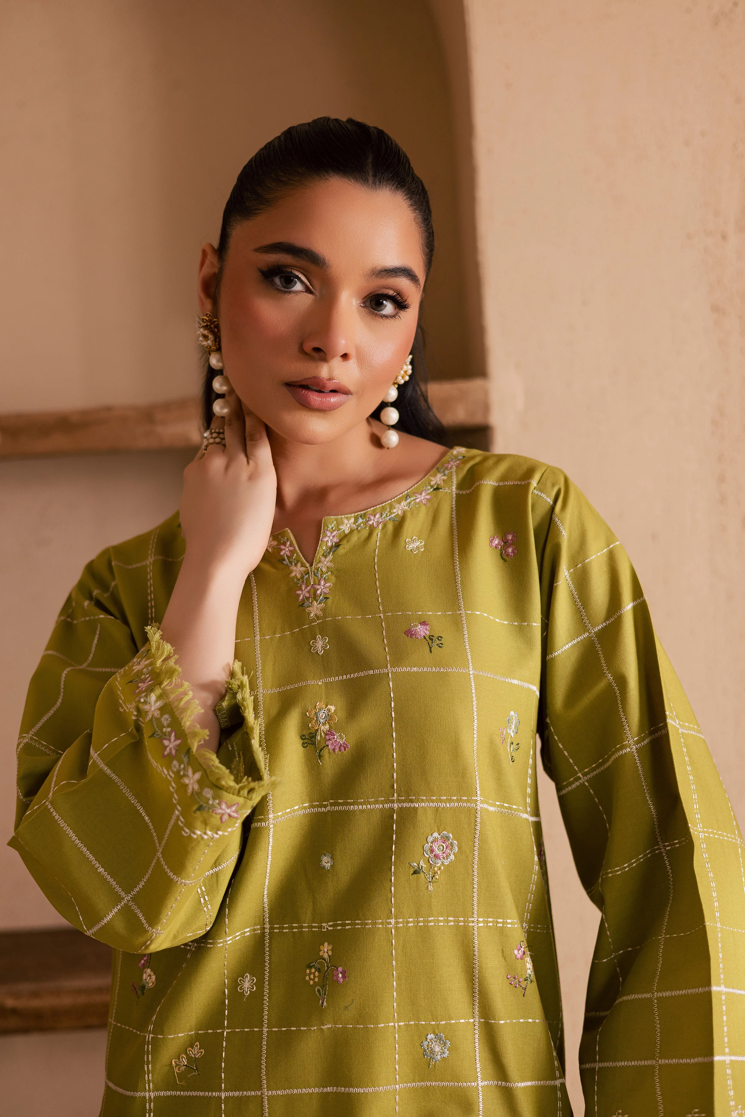 Pear Green 2Pc - Embroidered Khaddar Dress - Image 5