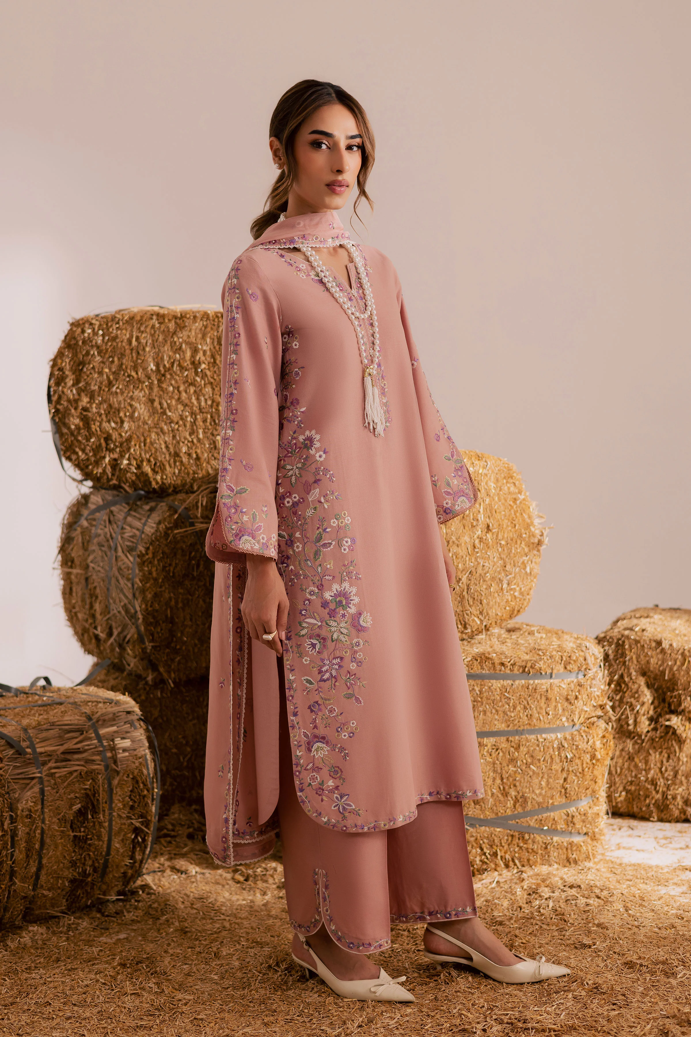 Pink Crimora 3Pc - Embroidered Khaddar Dress - Image 3