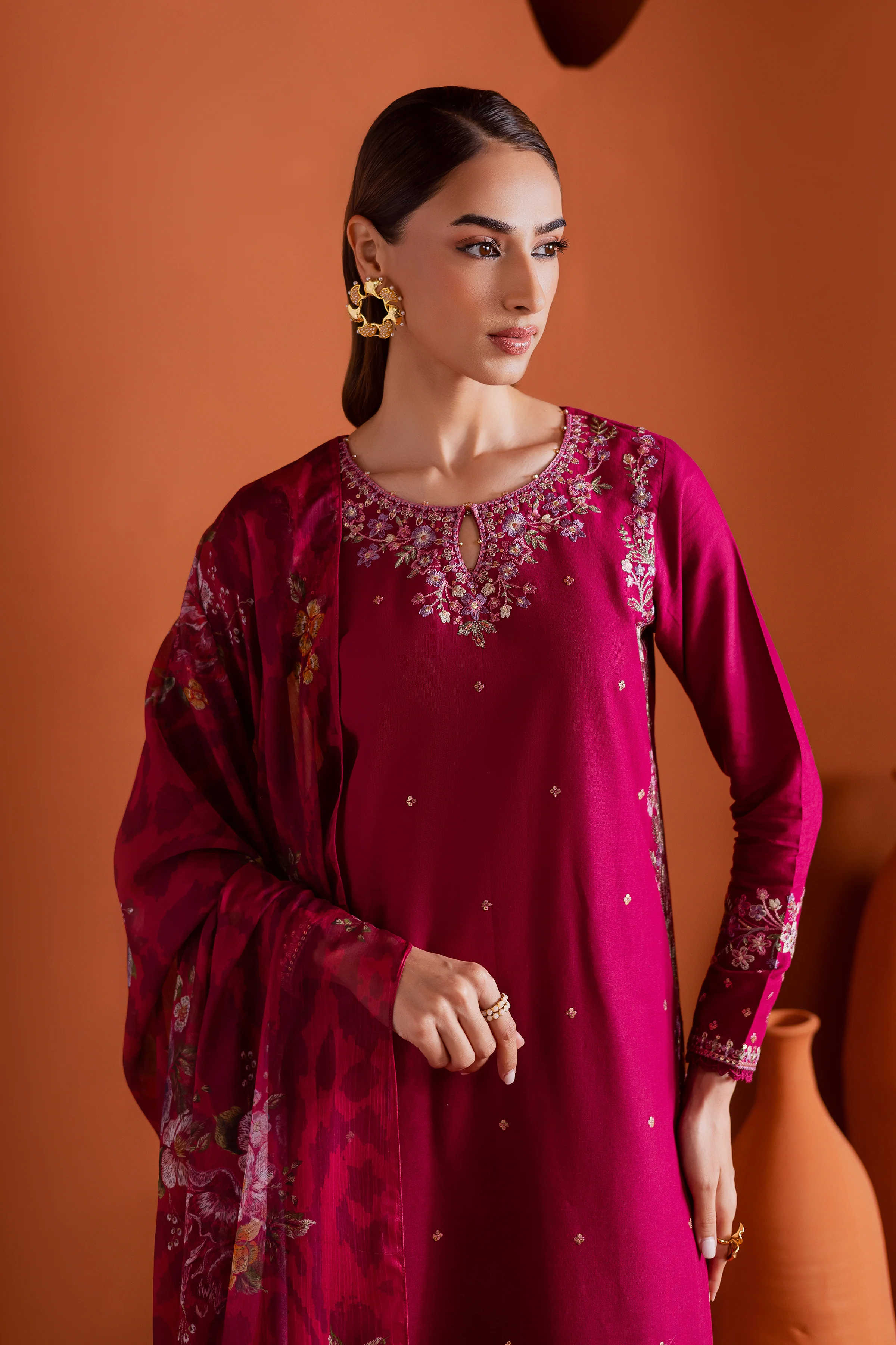 Pink Inizio 3Pc - Embroidered Khaddar Dress - Image 6