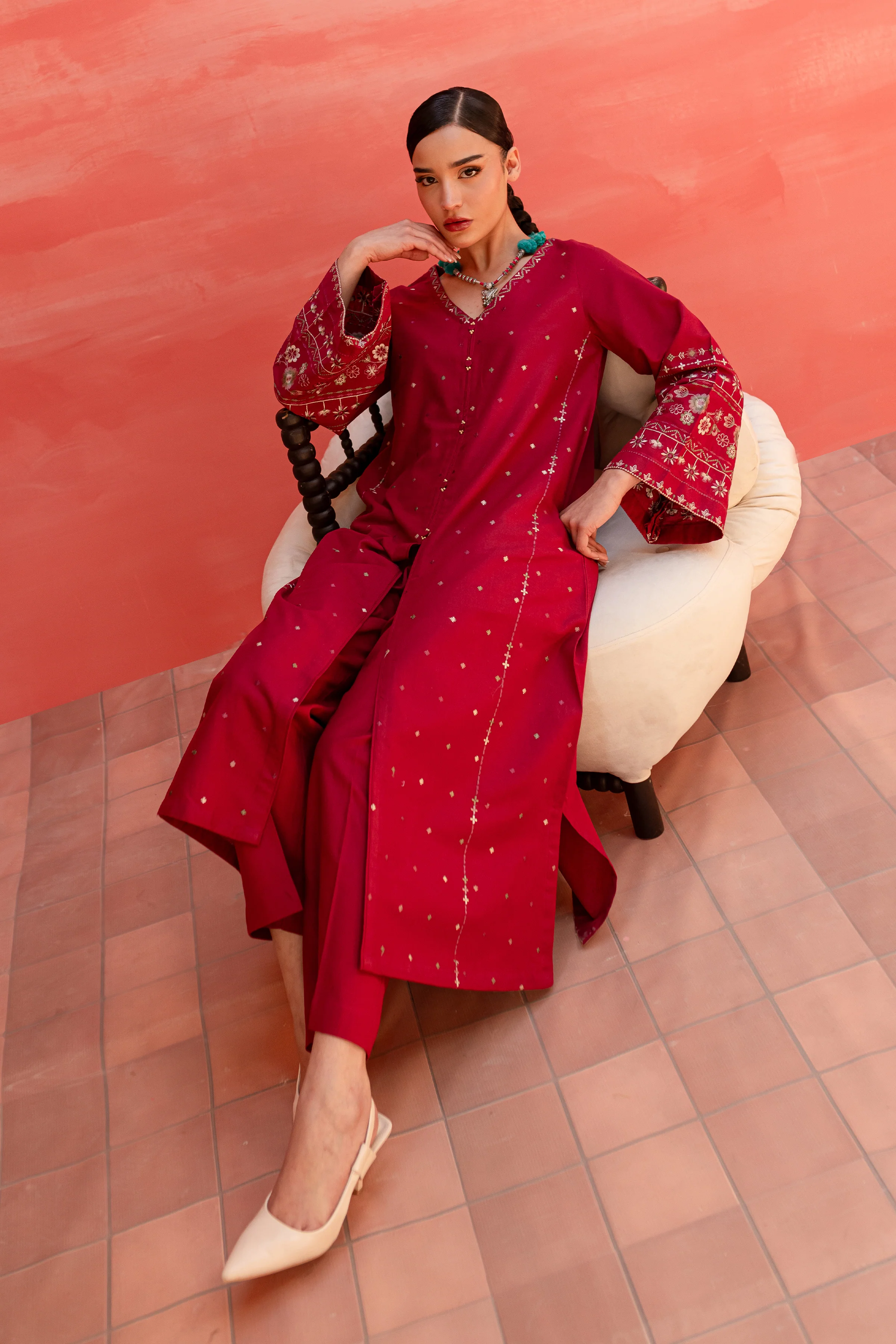 Pink Outfit 2Pc - Embroidered Khaddar Dress - Image 3