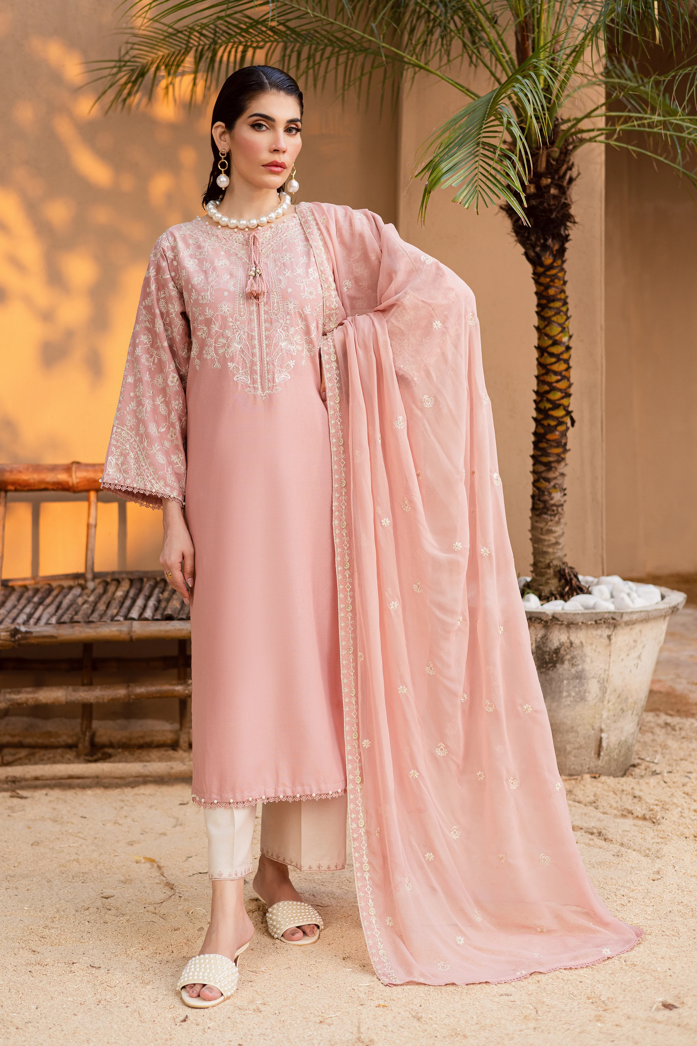 Pink Pashmina 3Pc - Embroidered Khaddar Dress - Image 5