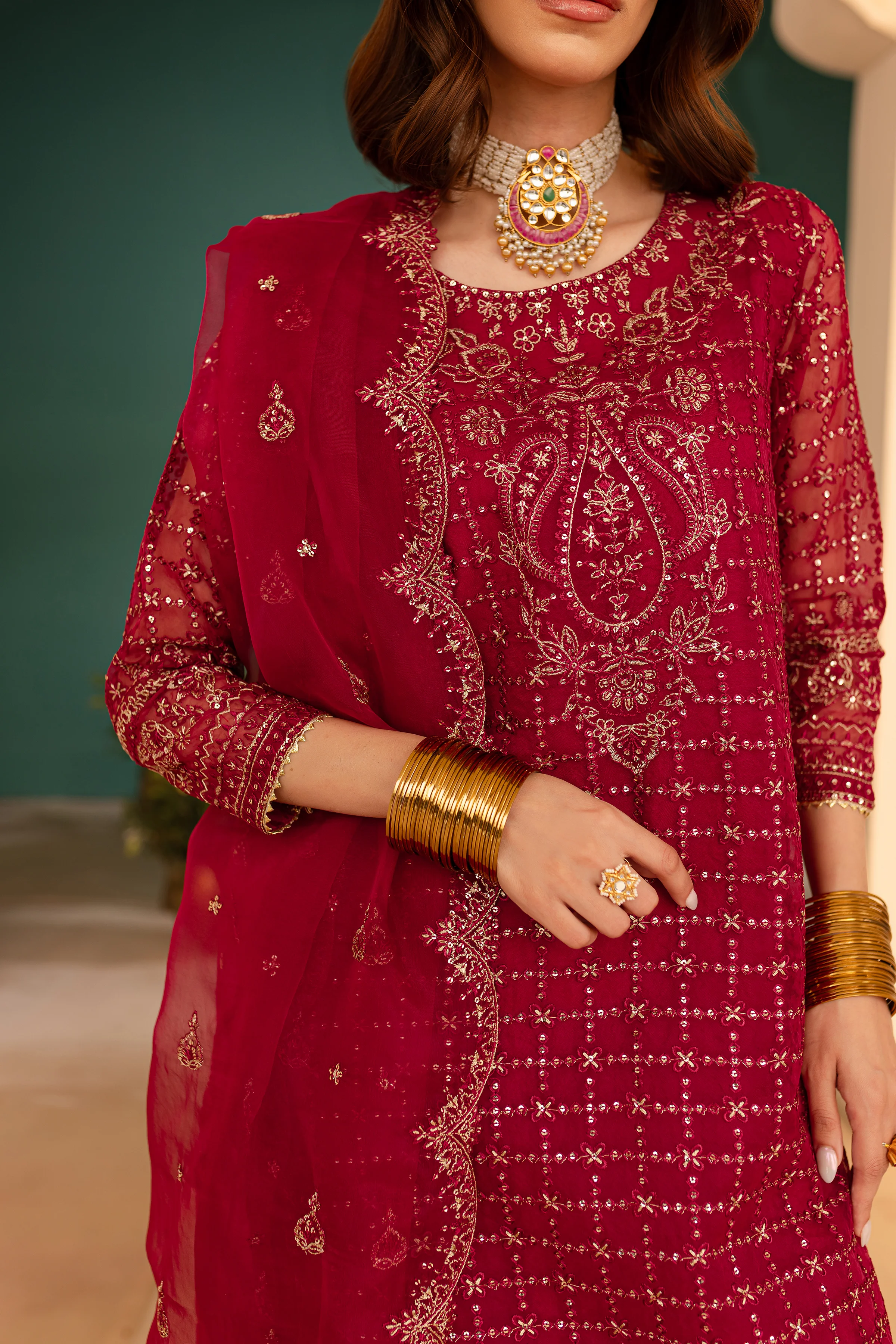 Pink Spinal 3Pc - Embroidered Luxe Pret - Image 7