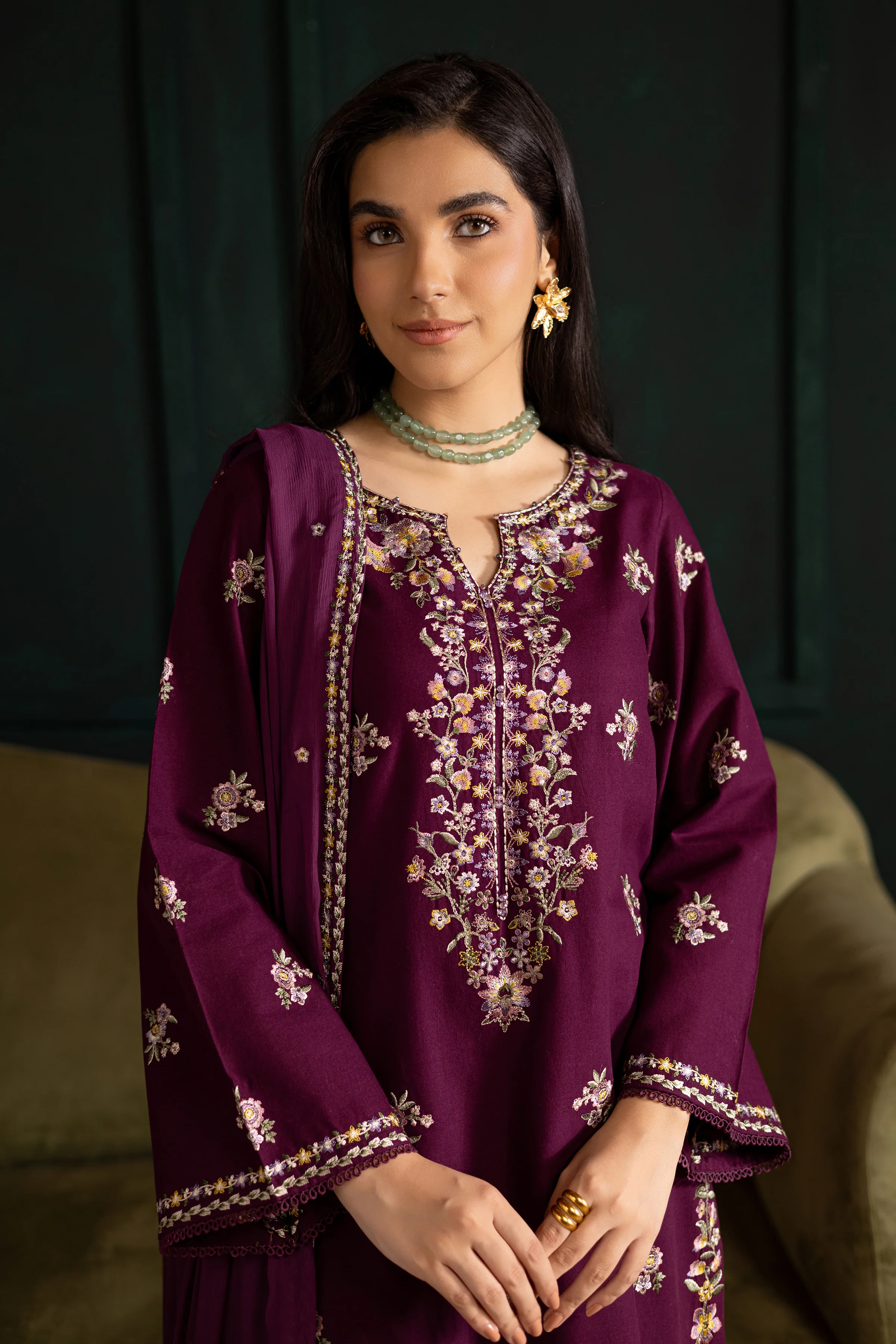 Prune 3Pc - Embroidered Khaddar Dress - Image 2