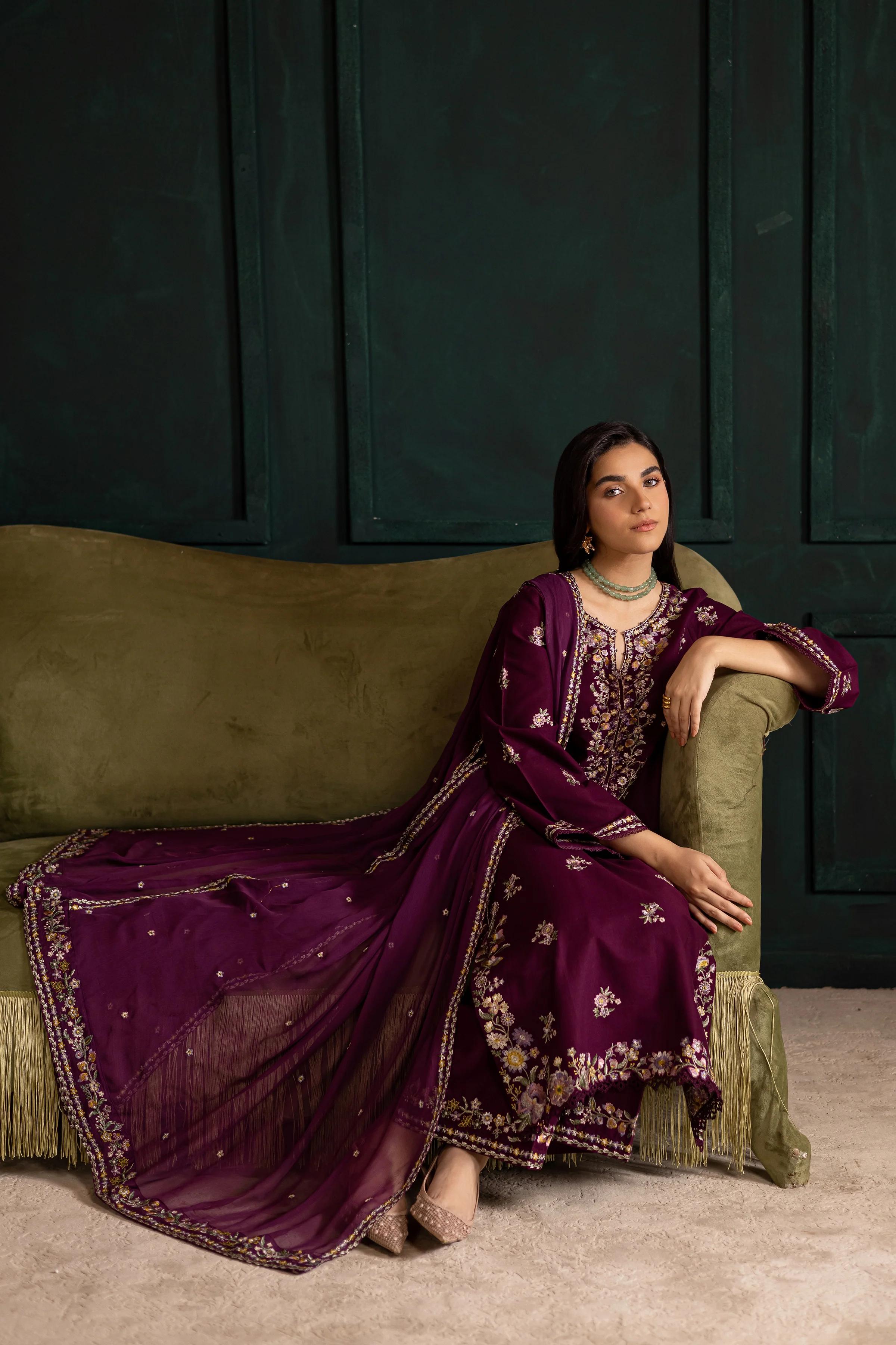 Prune 3Pc - Embroidered Khaddar Dress - Image 3