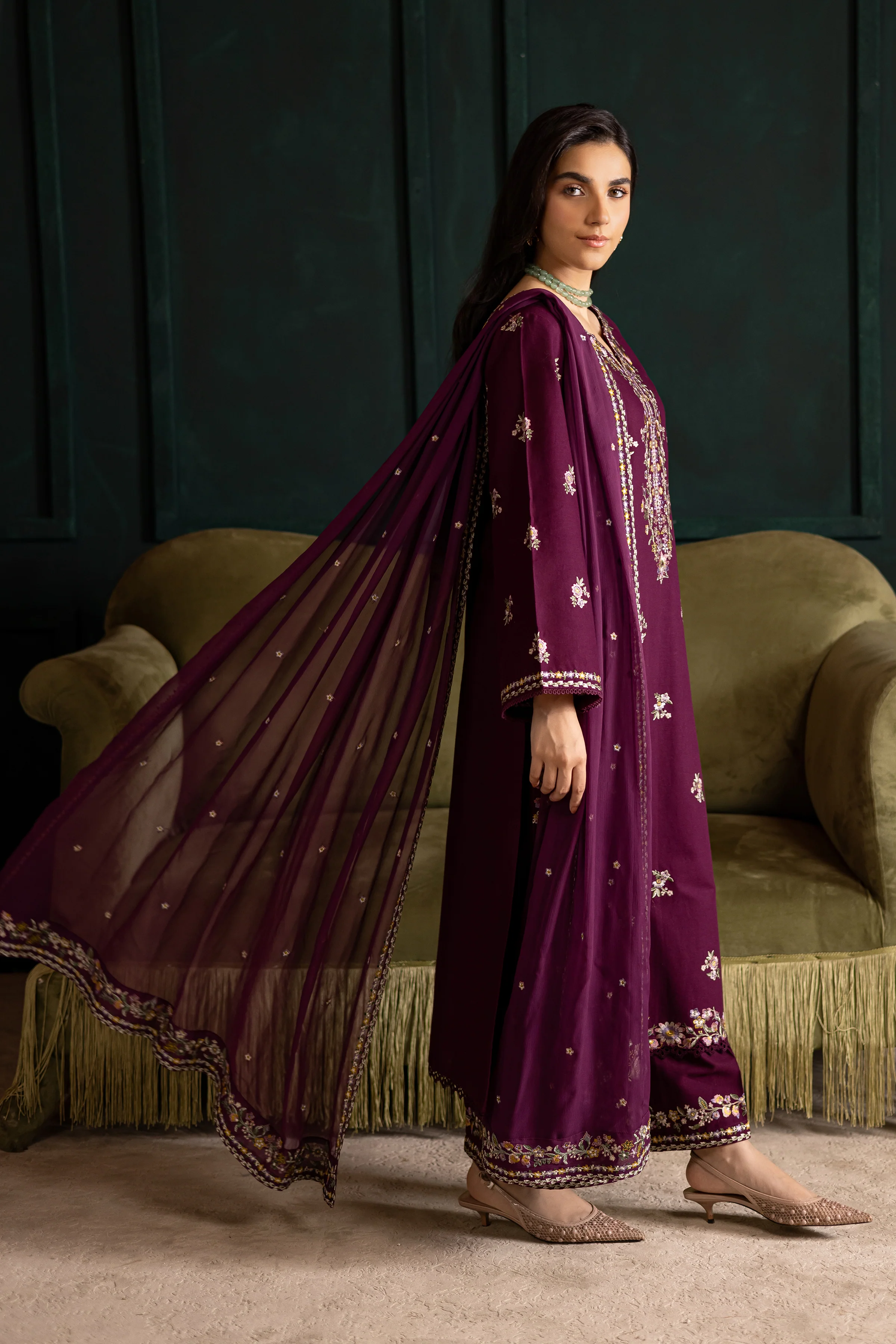 Prune 3Pc - Embroidered Khaddar Dress - Image 4
