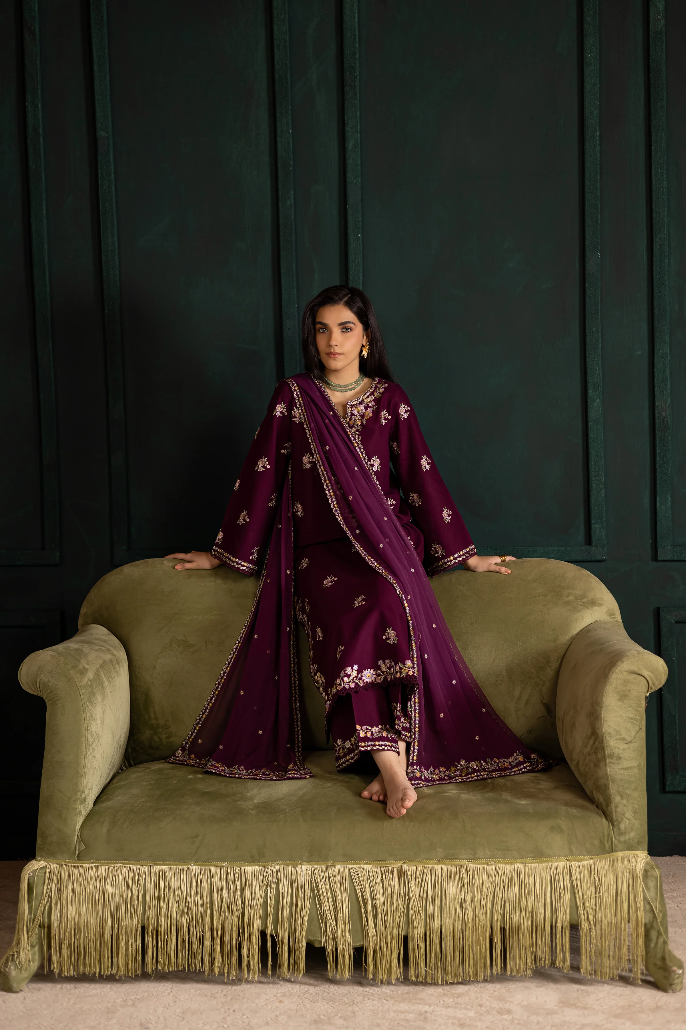 Prune 3Pc - Embroidered Khaddar Dress - Image 5