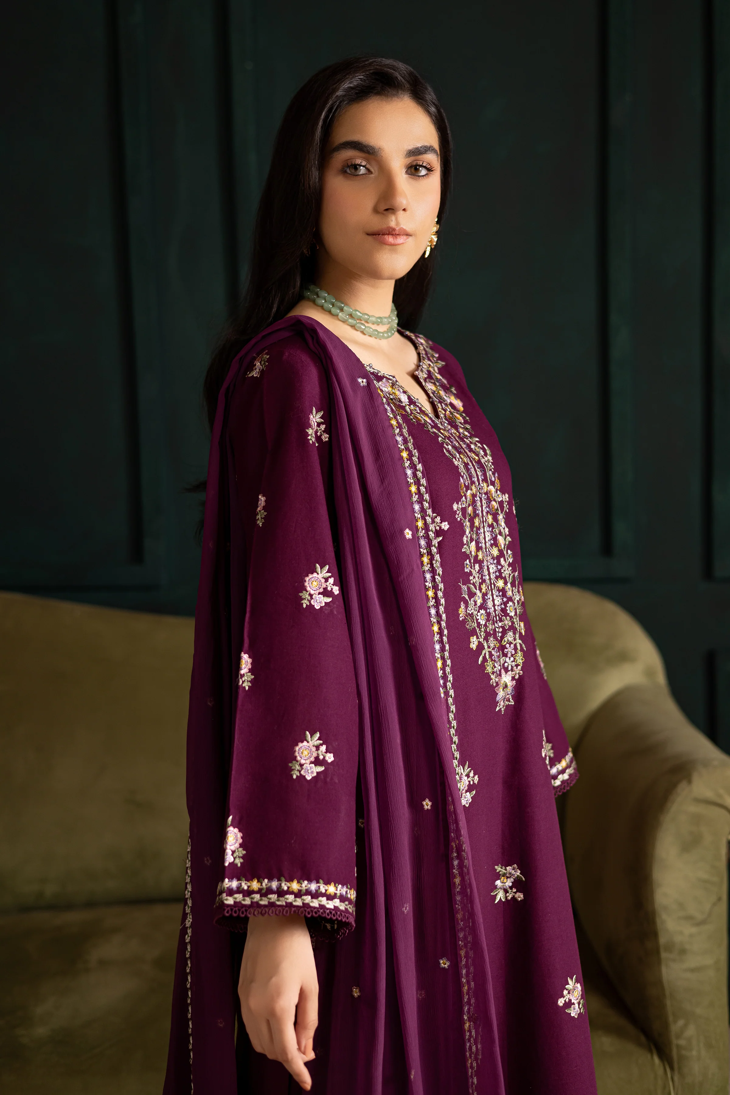 Prune 3Pc - Embroidered Khaddar Dress - Image 6
