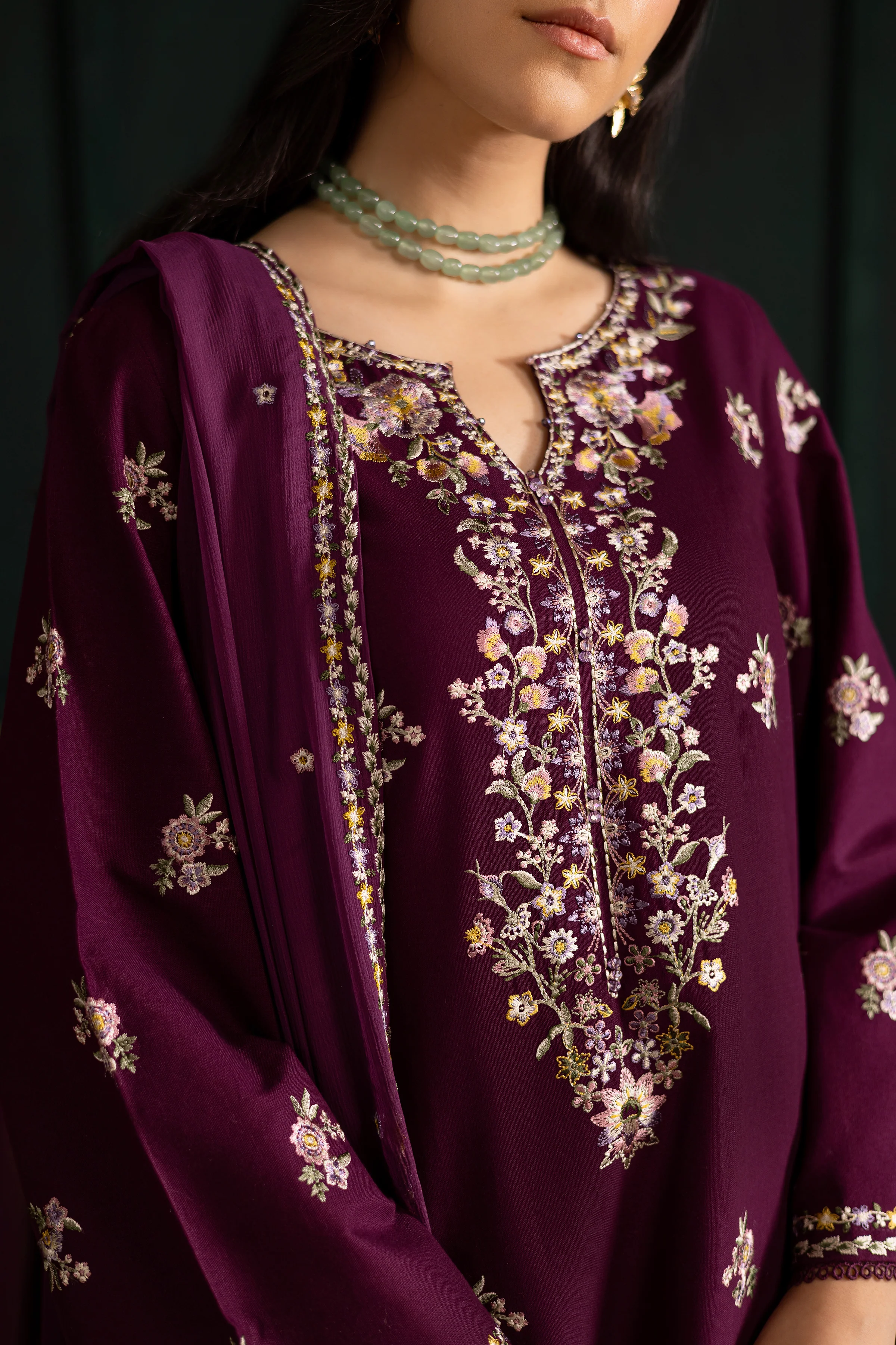 Prune 3Pc - Embroidered Khaddar Dress - Image 7