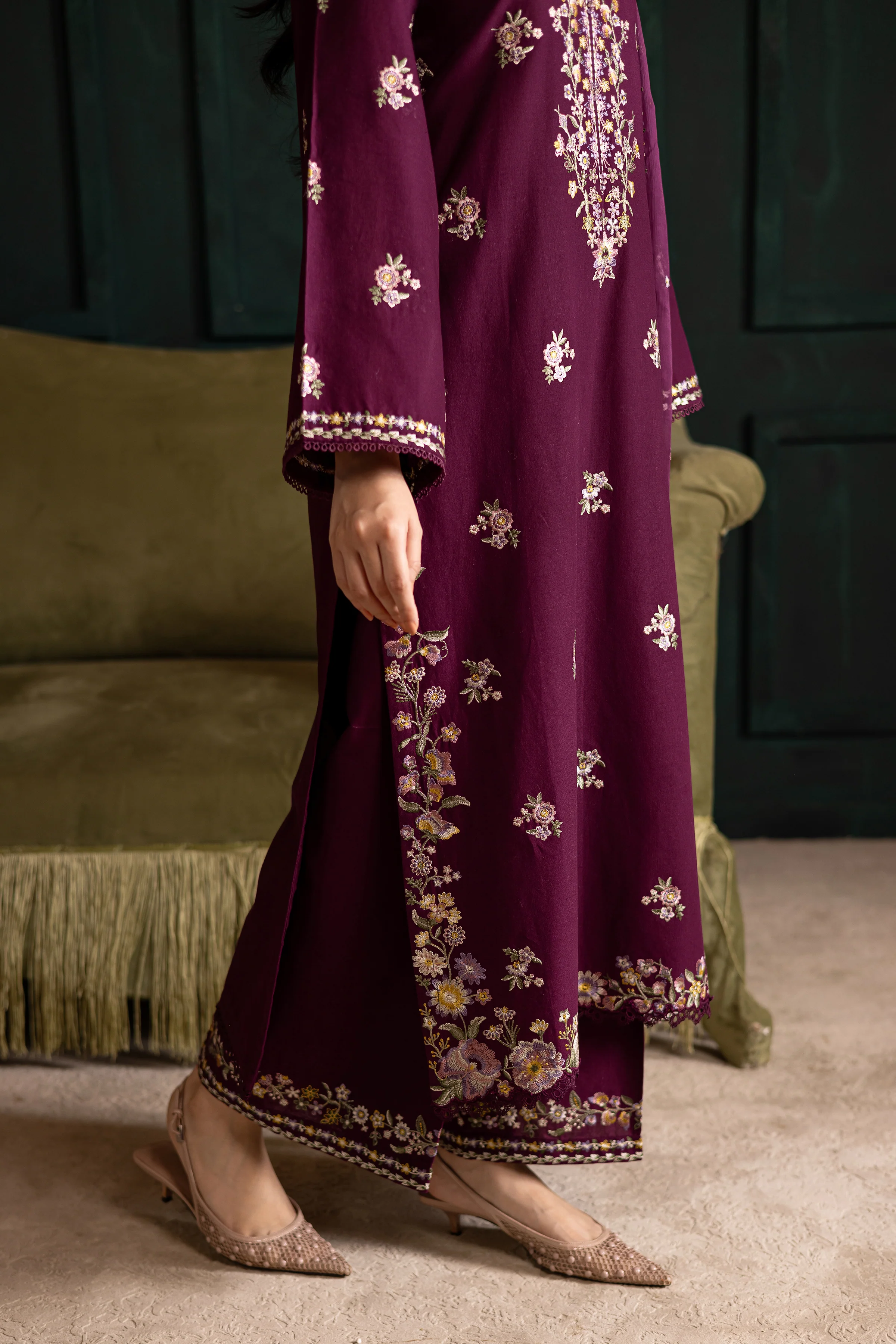 Prune 3Pc - Embroidered Khaddar Dress - Image 8
