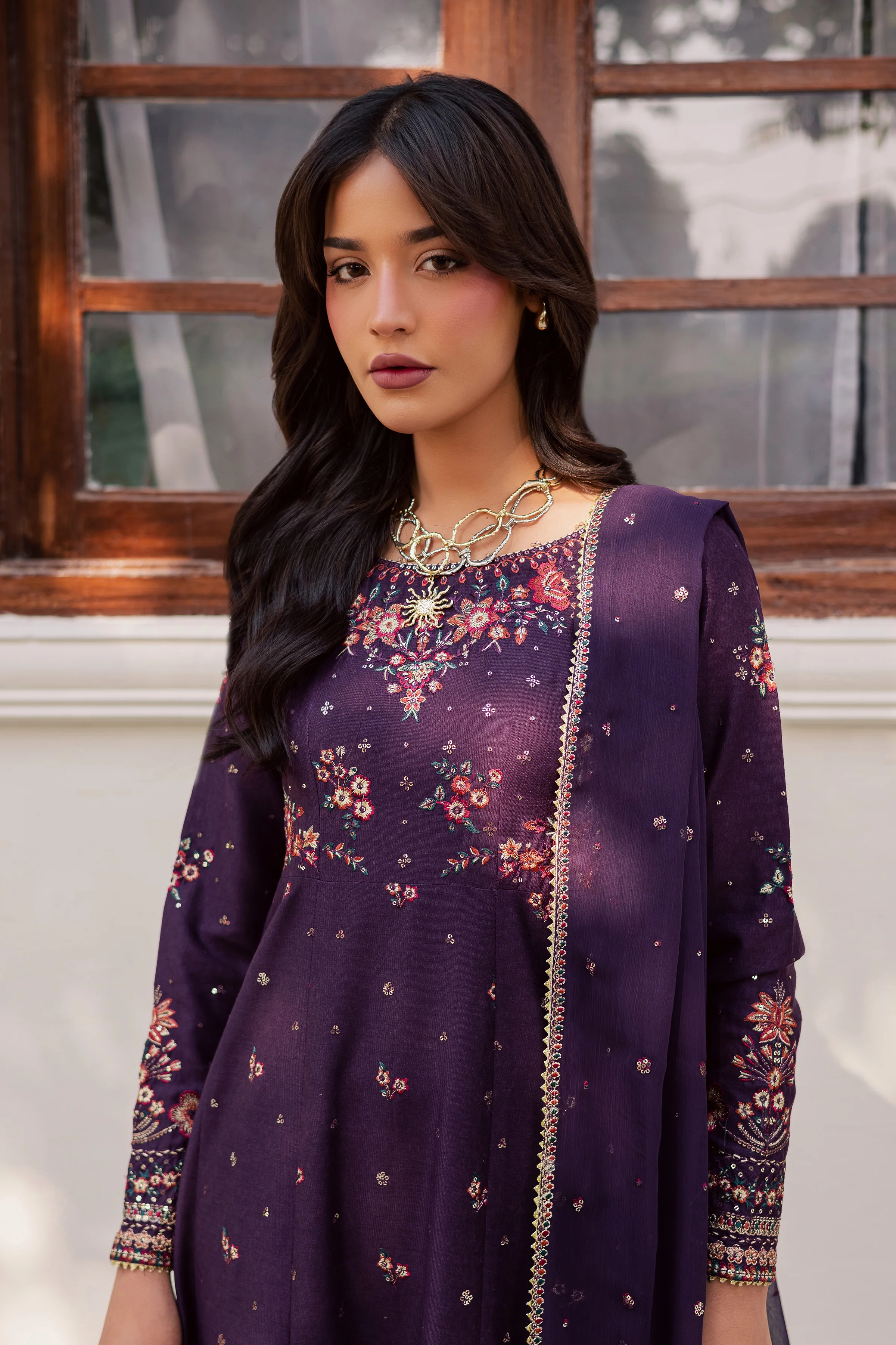 Purple Berry 3Pc - Embroidered Karandi Dress - Image 2