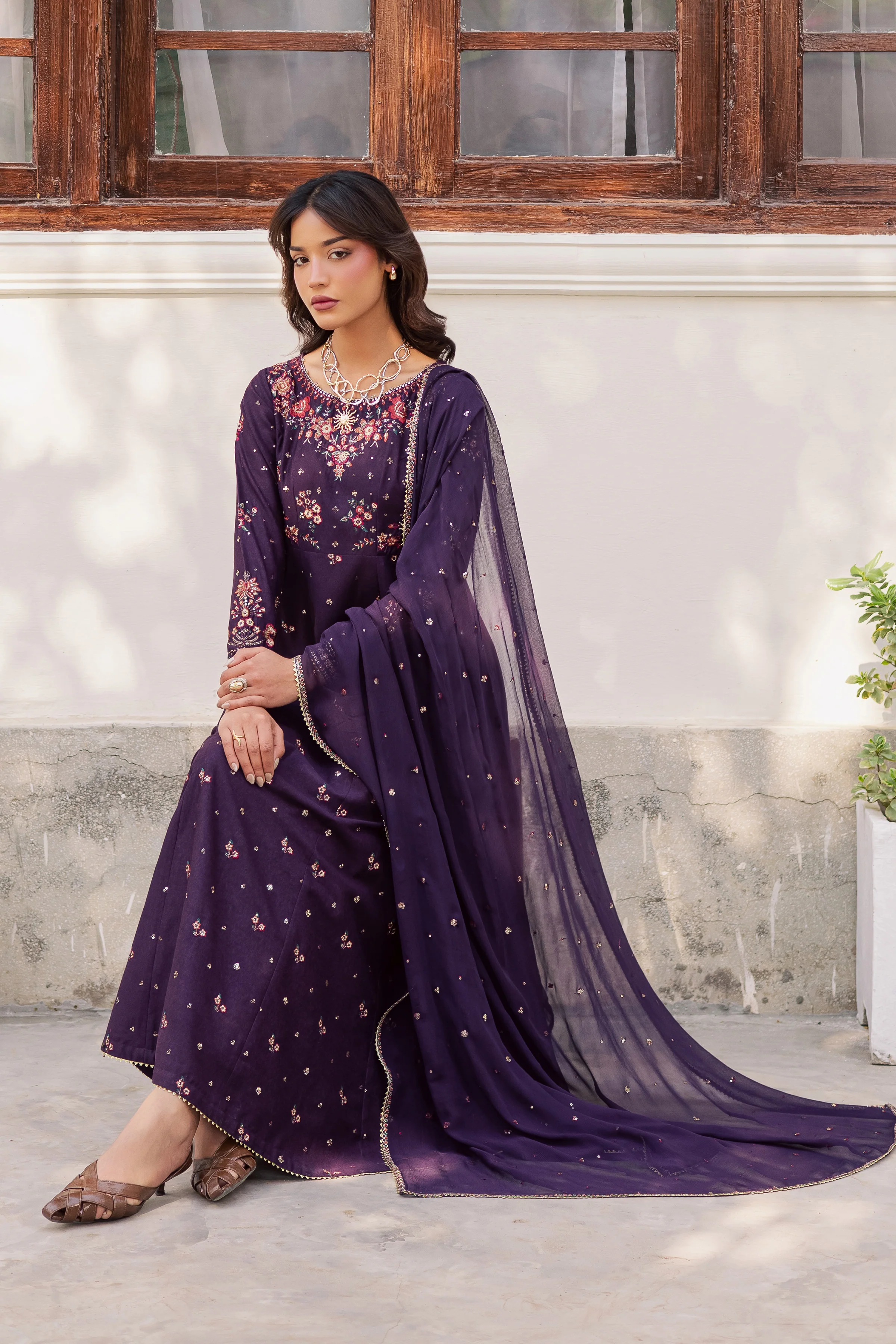 Purple Berry 3Pc - Embroidered Karandi Dress - Image 3