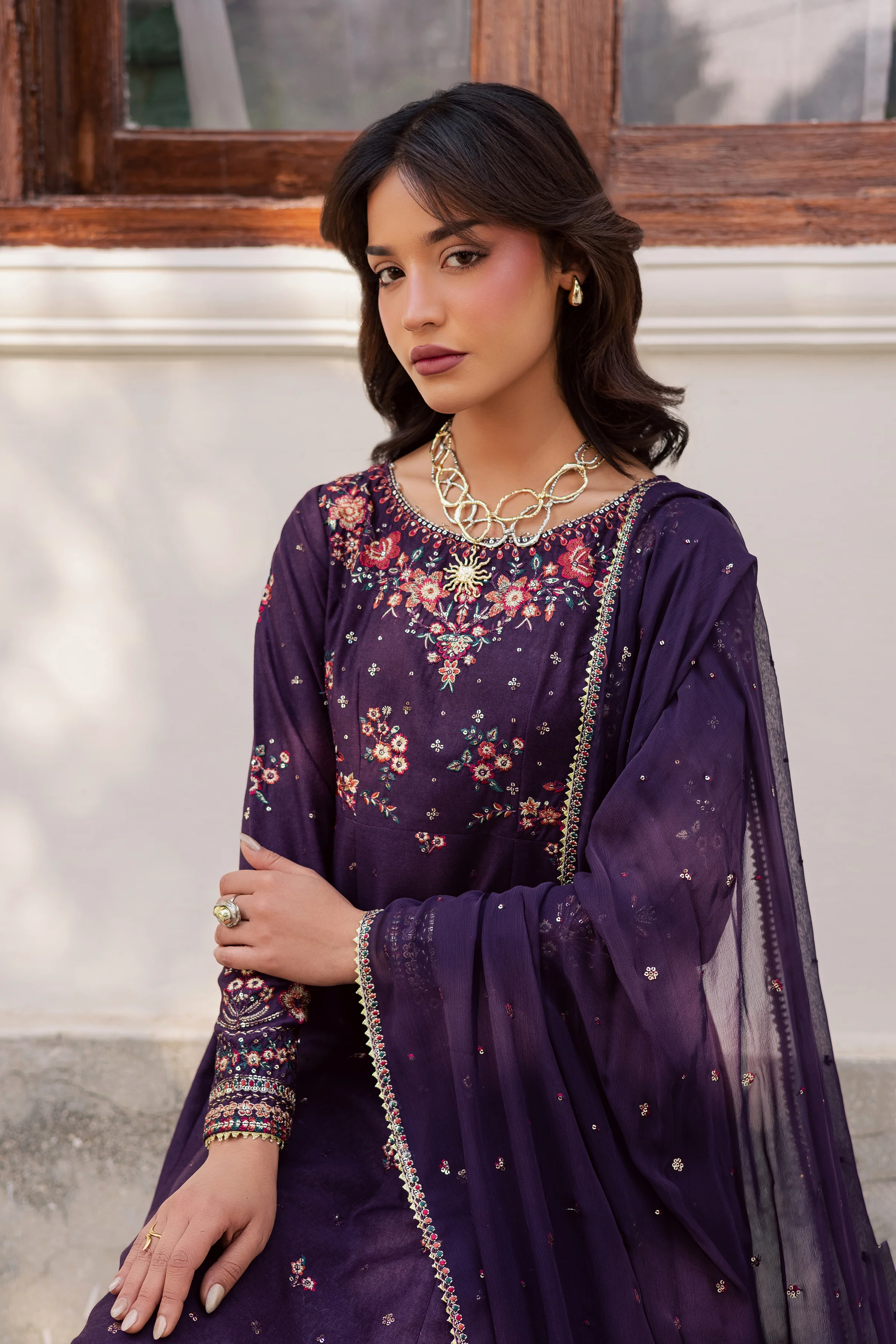 Purple Berry 3Pc - Embroidered Karandi Dress - Image 6